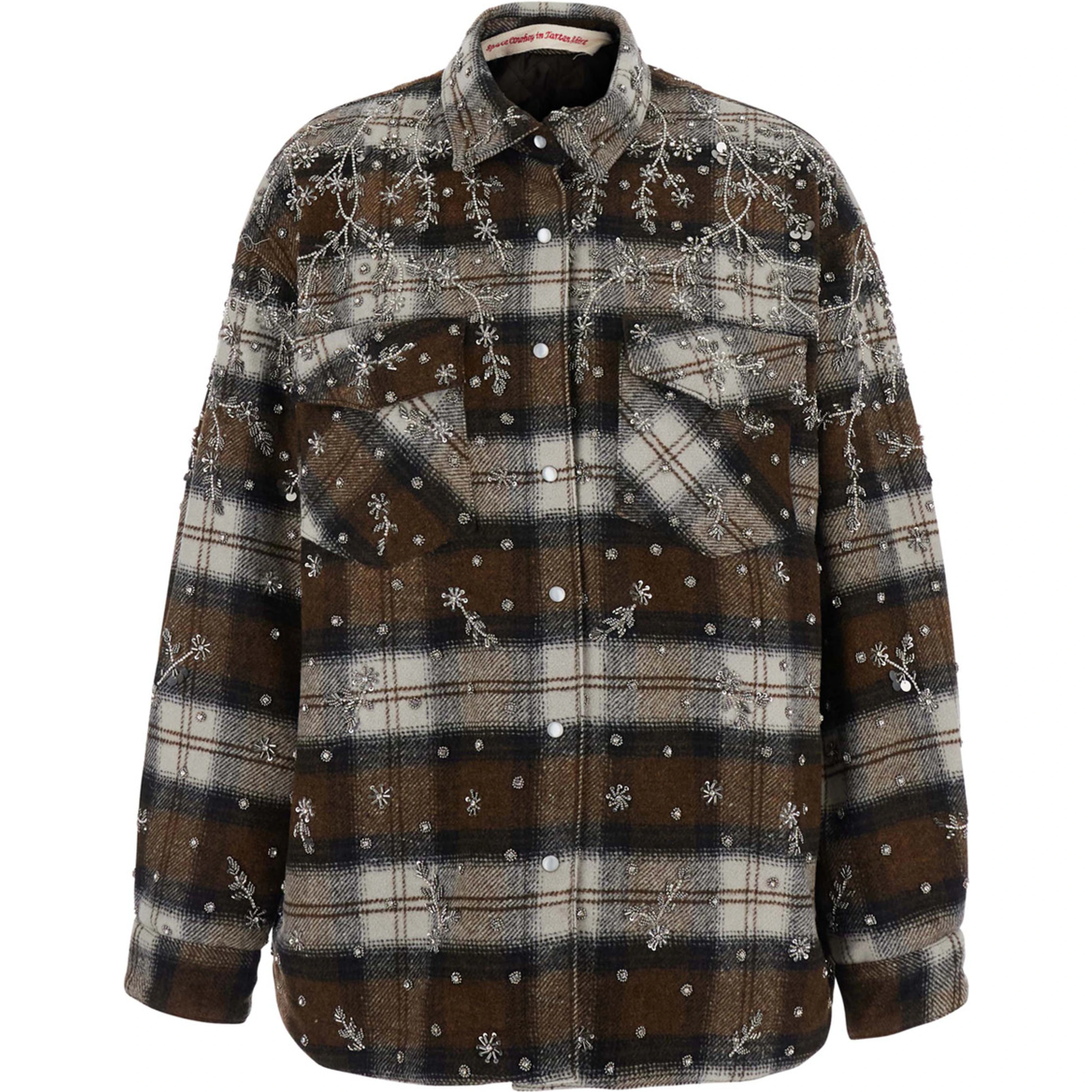 brown Shirt with metallic embroidery and applied rhinestones in flannel for women