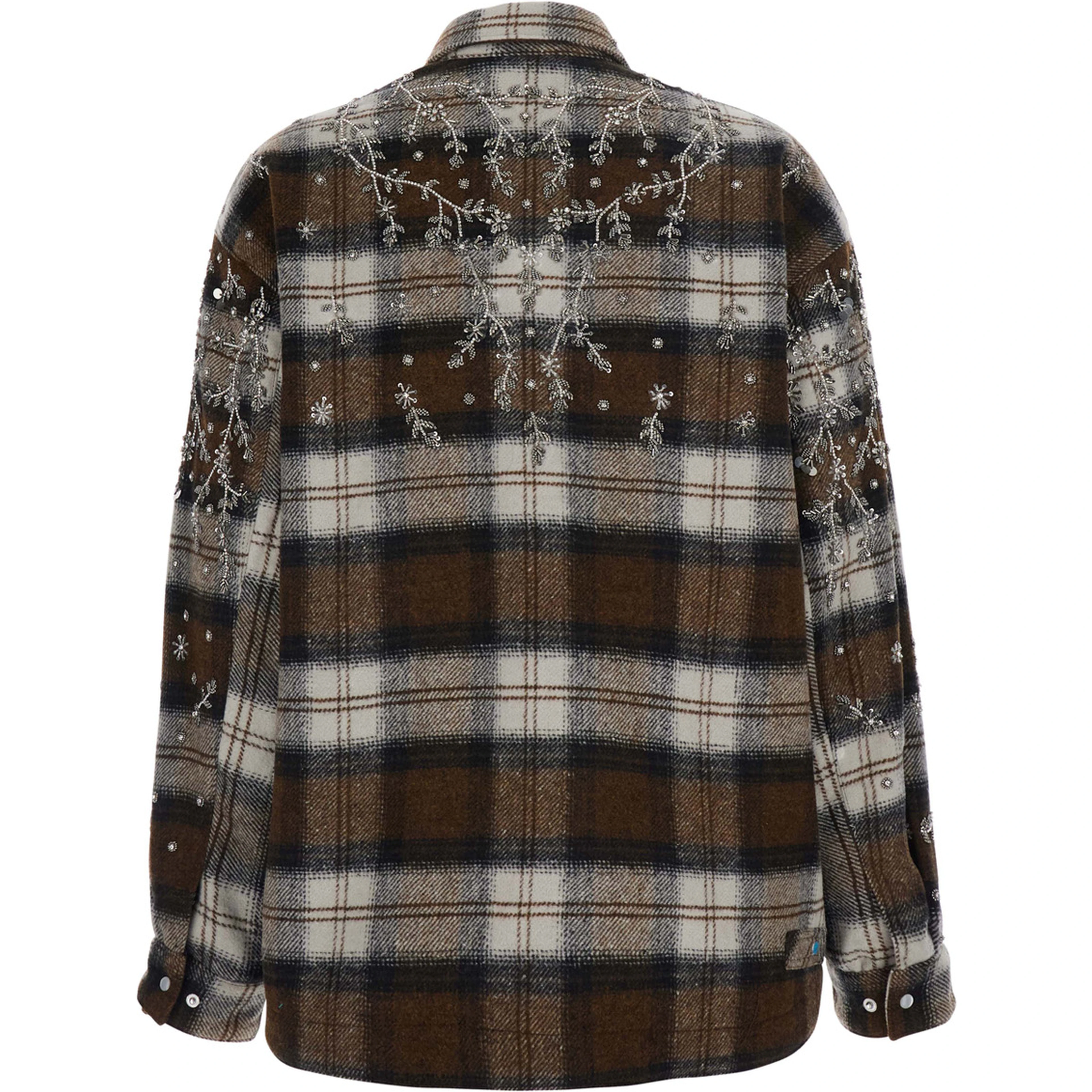 brown Shirt with metallic embroidery and applied rhinestones in flannel for women