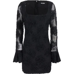 FLOWER MESH LS MINI DRESS with polyester details and black color for women