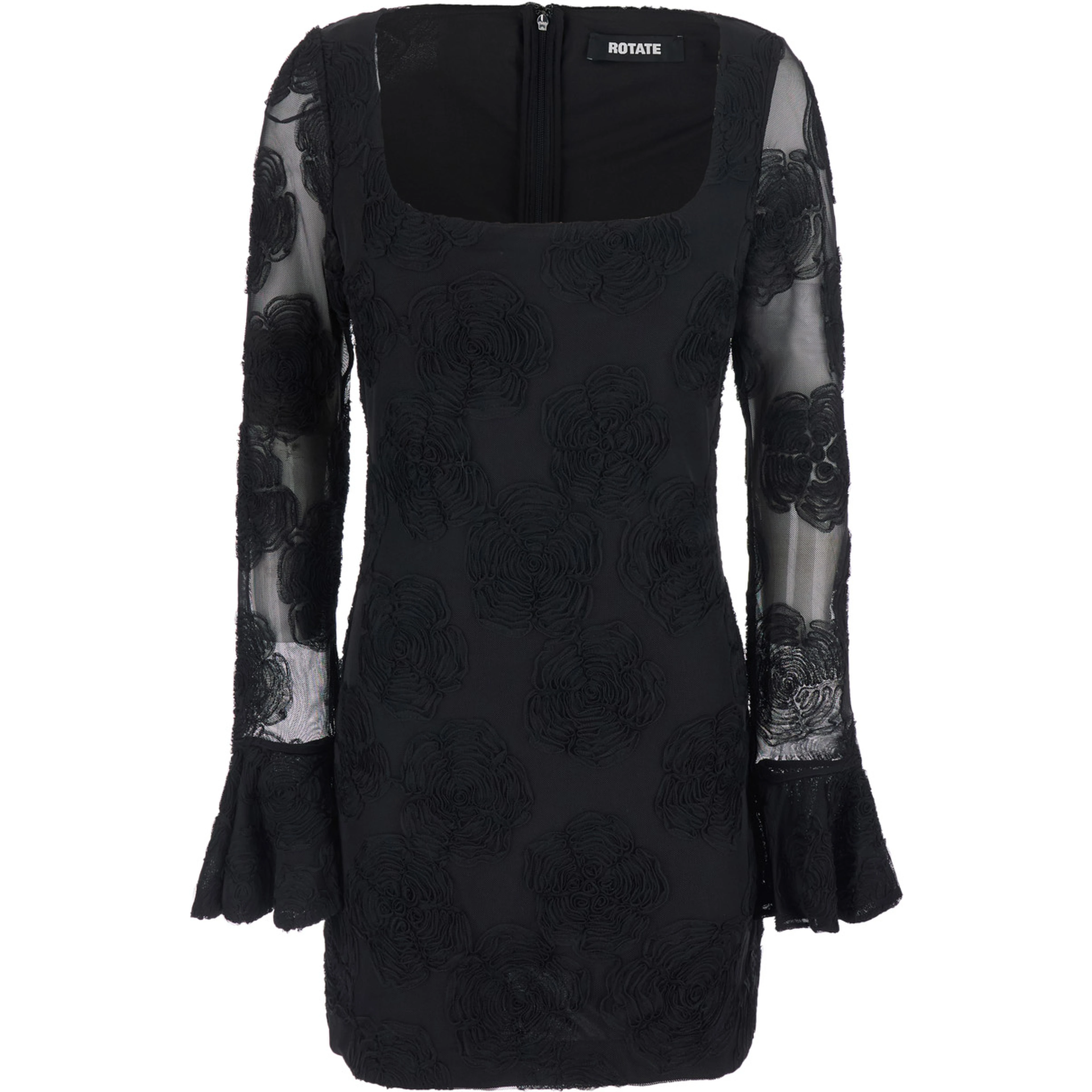 FLOWER MESH LS MINI DRESS with polyester details and black color for women