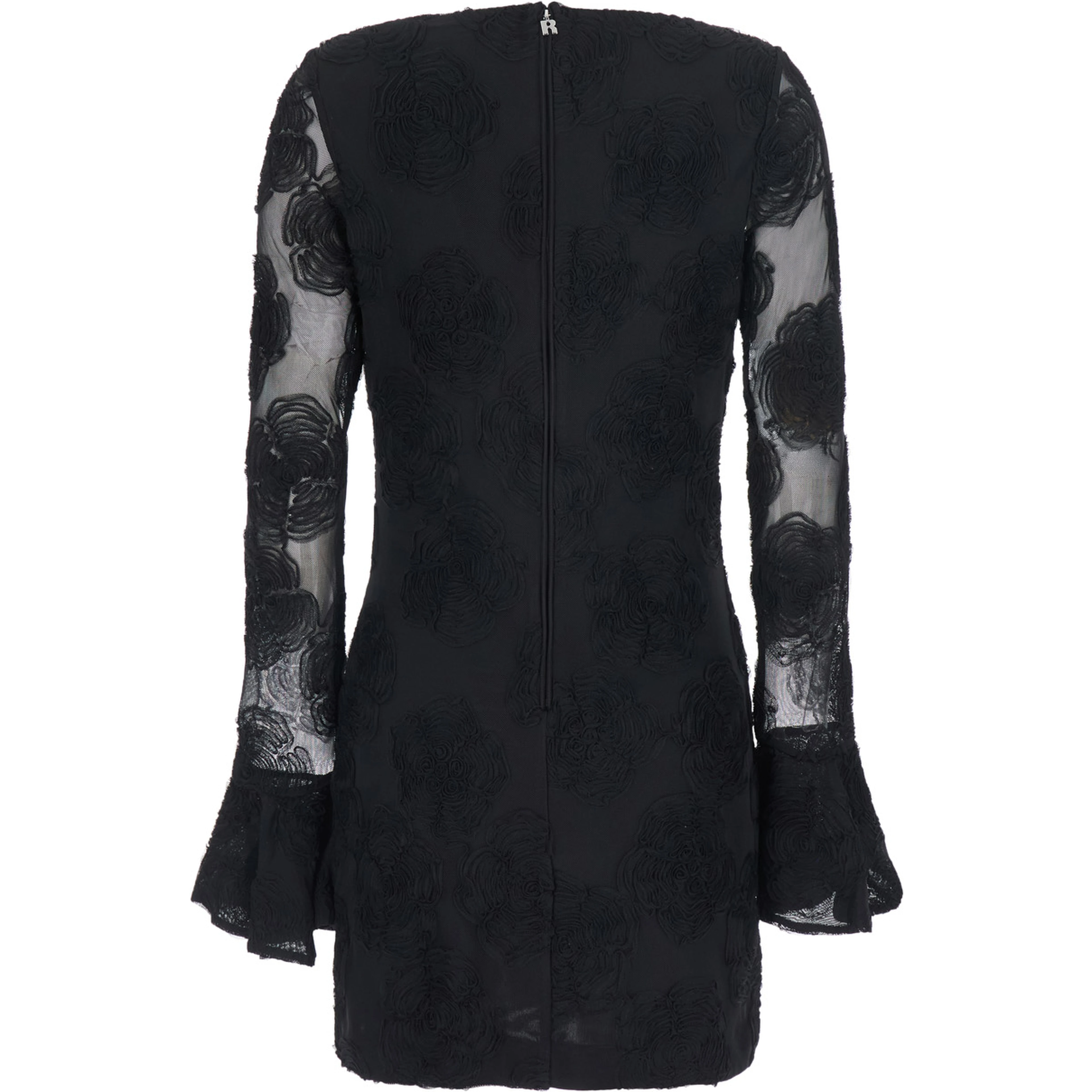FLOWER MESH LS MINI DRESS with polyester details and black color for women