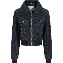 Blue Denim Cropped Bomber Jacket for Women