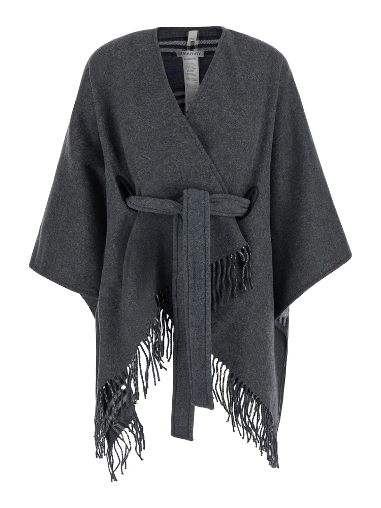Gray Cape with Leather Details and Fixed Hood in Tech Fabric Women
