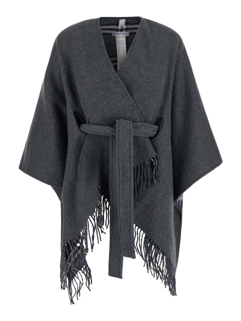 Gray Cape with Leather Details and Fixed Hood in Tech Fabric Women