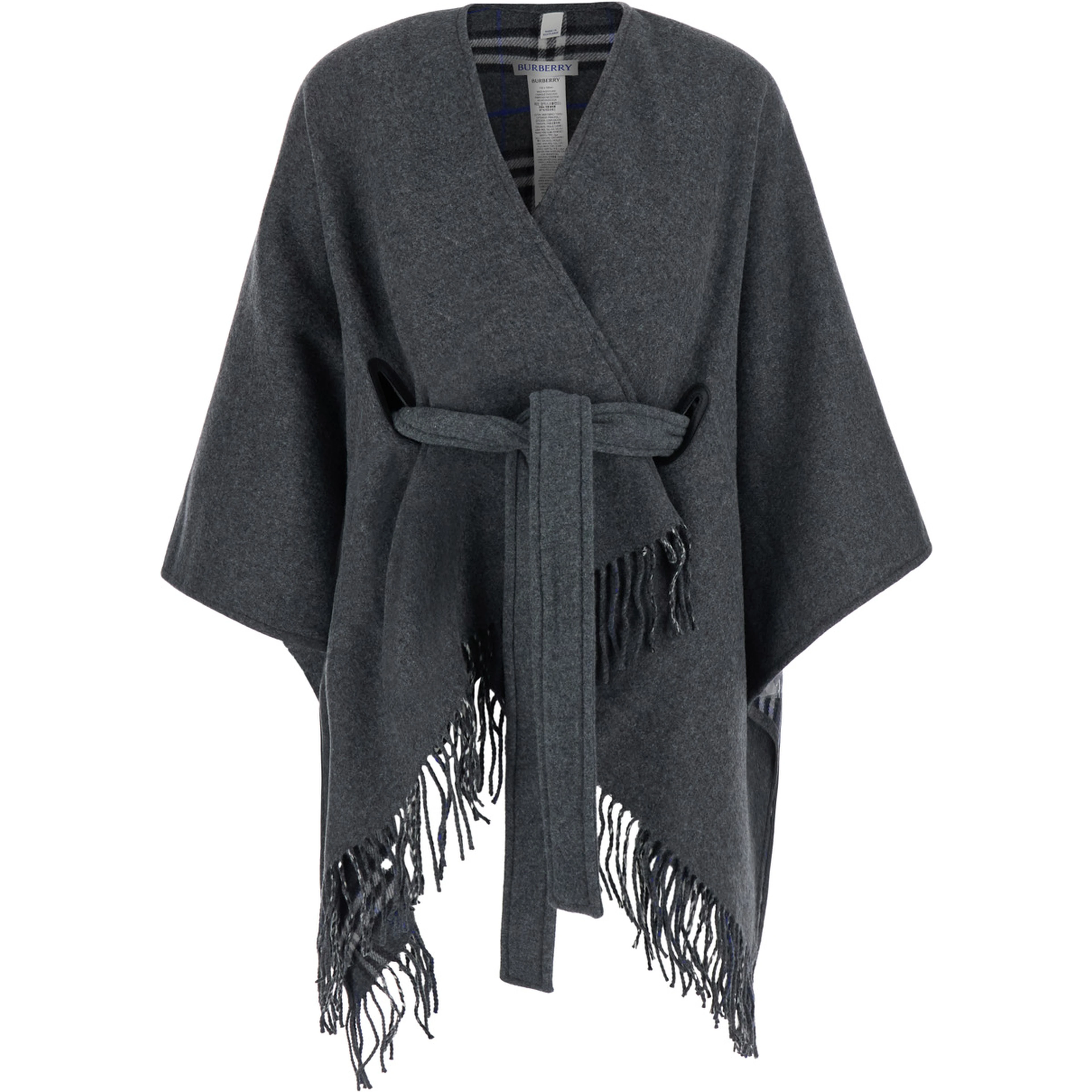 Gray Cape with Leather Details and Fixed Hood in Tech Fabric Women