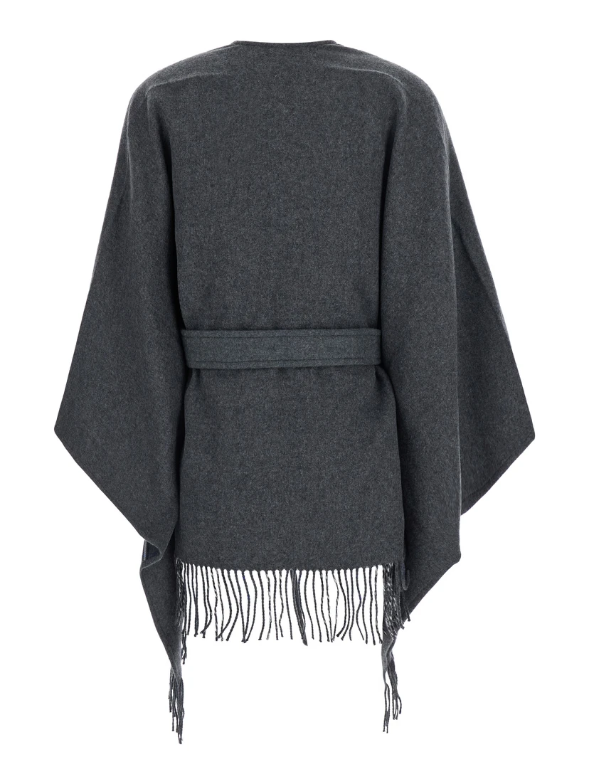 Gray Cape with Leather Details and Fixed Hood in Tech Fabric Women