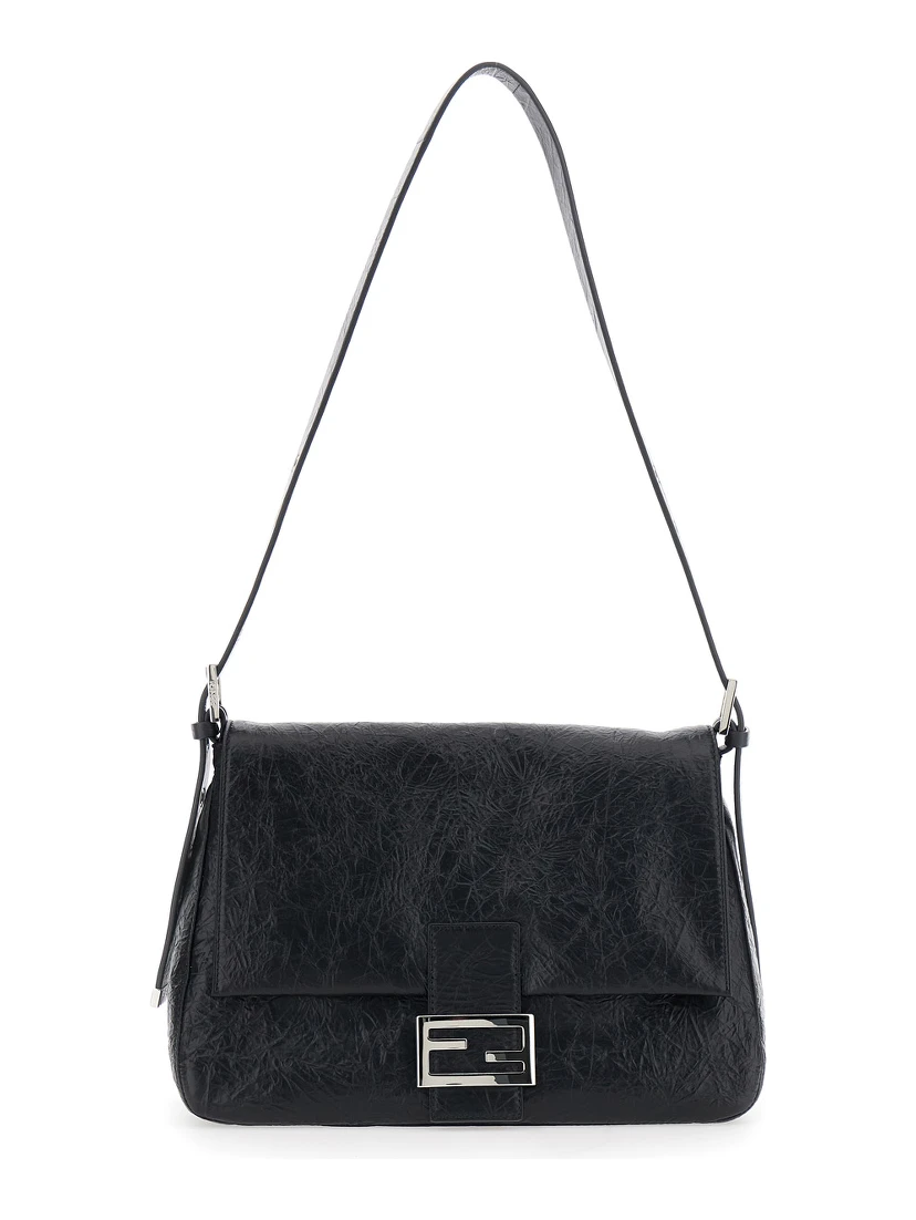 Niki Black Shoulder Bag with Cassandre Plate on the Front and Chain Handles in Leather for Women