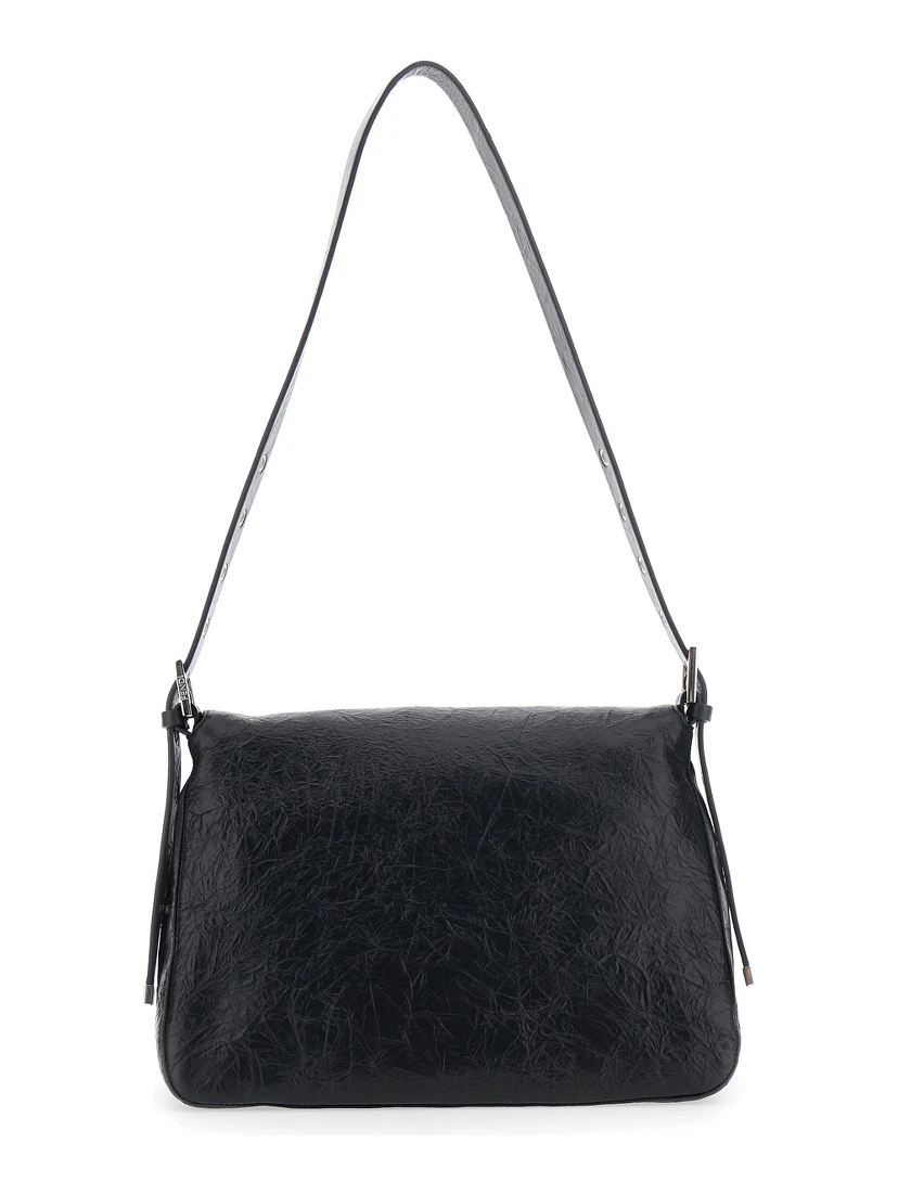 Niki Black Shoulder Bag with Cassandre Plate on the Front and Chain Handles in Leather for Women