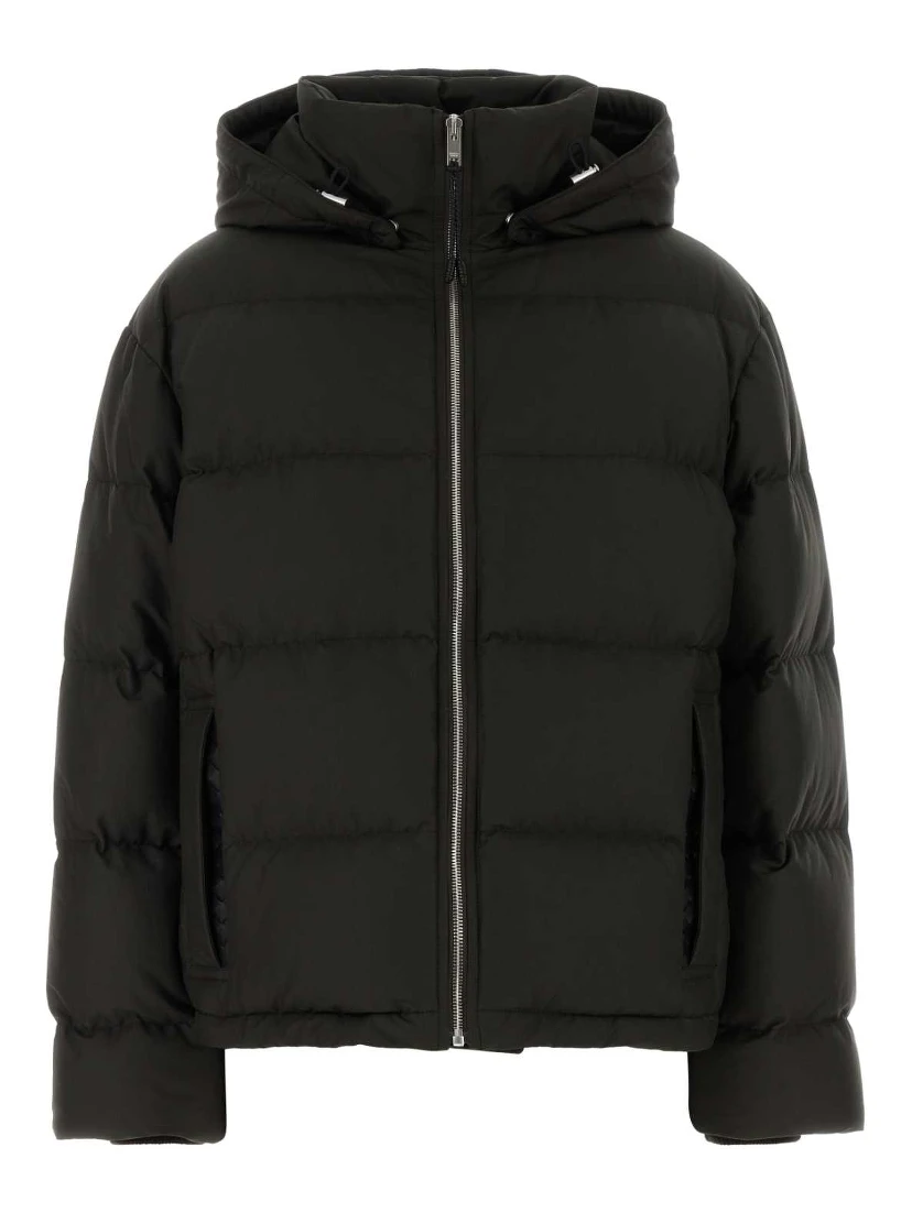 PUFFER CON ZIP E CAPPUCCIO SPALLE IN PELLE INTRECC