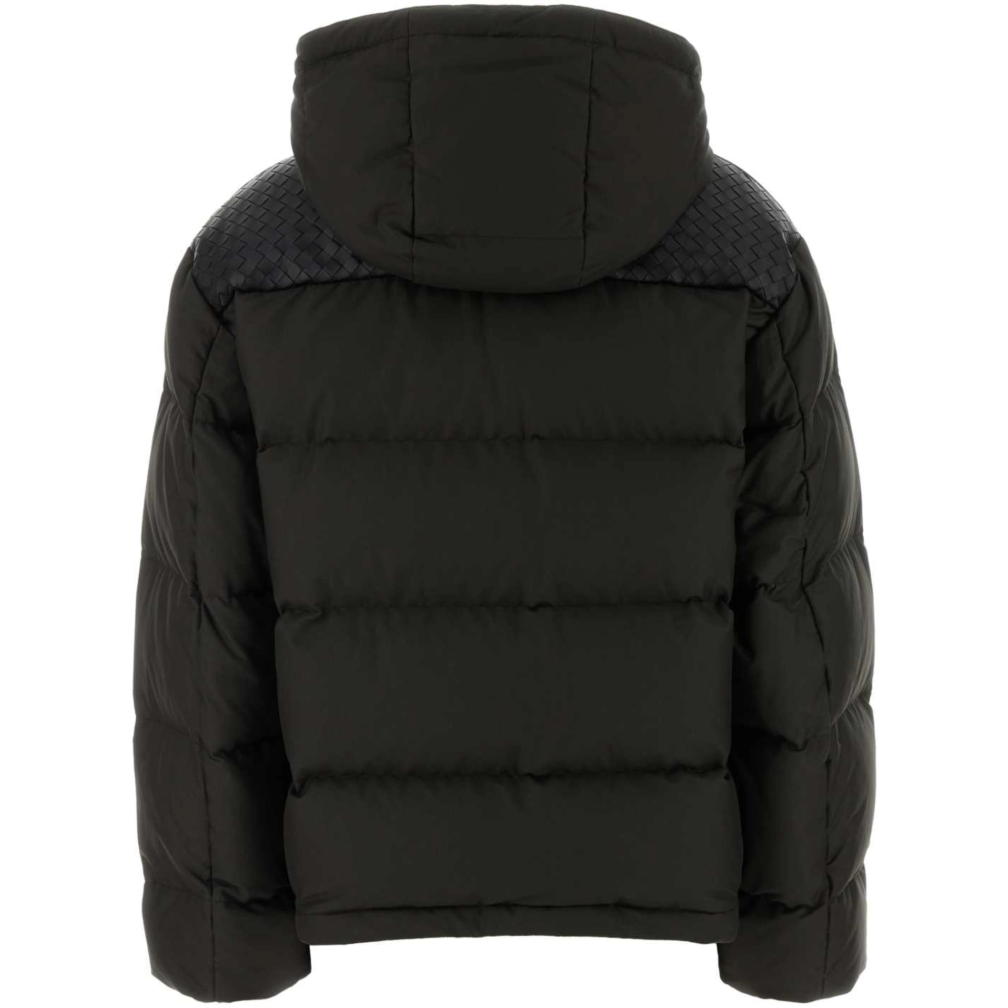 PUFFER CON ZIP E CAPPUCCIO SPALLE IN PELLE INTRECC