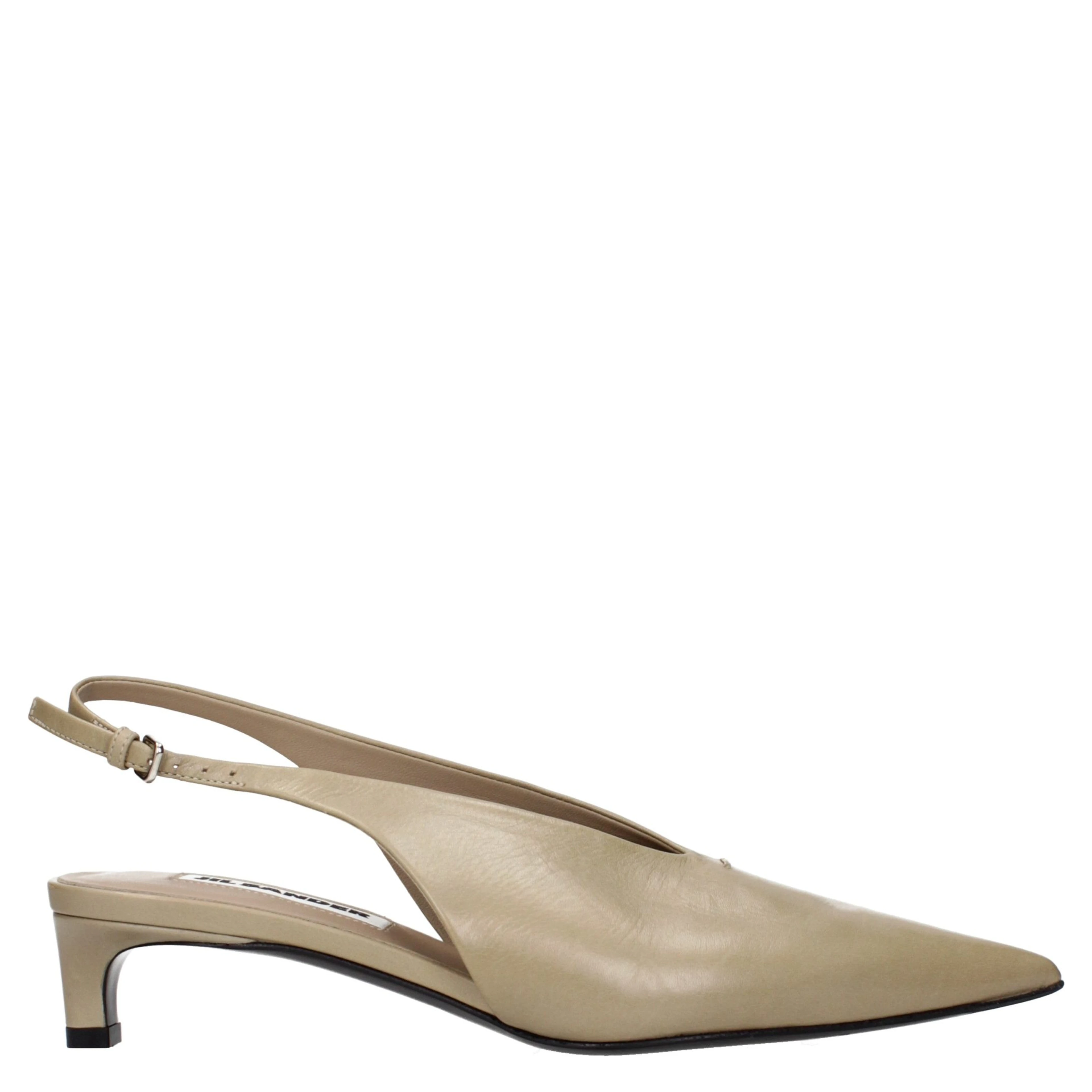 Beige Leather Mid Heel Pumps