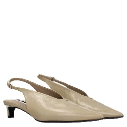 Beige Leather Mid Heel Pumps