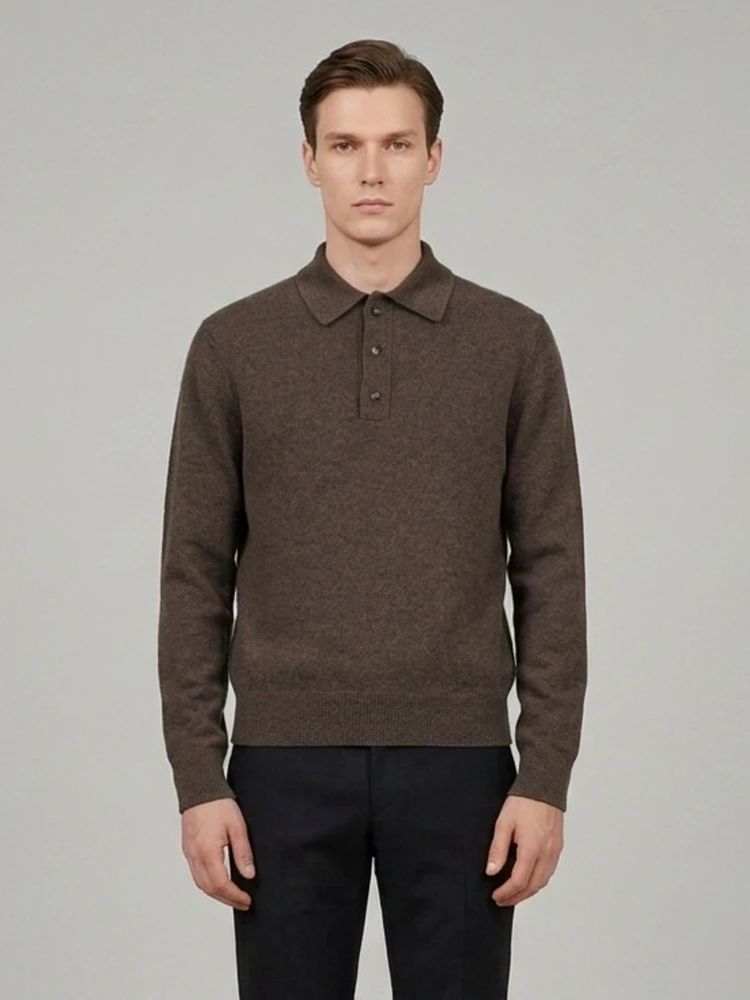 Long-sleeved wool and cashmere polo shirt