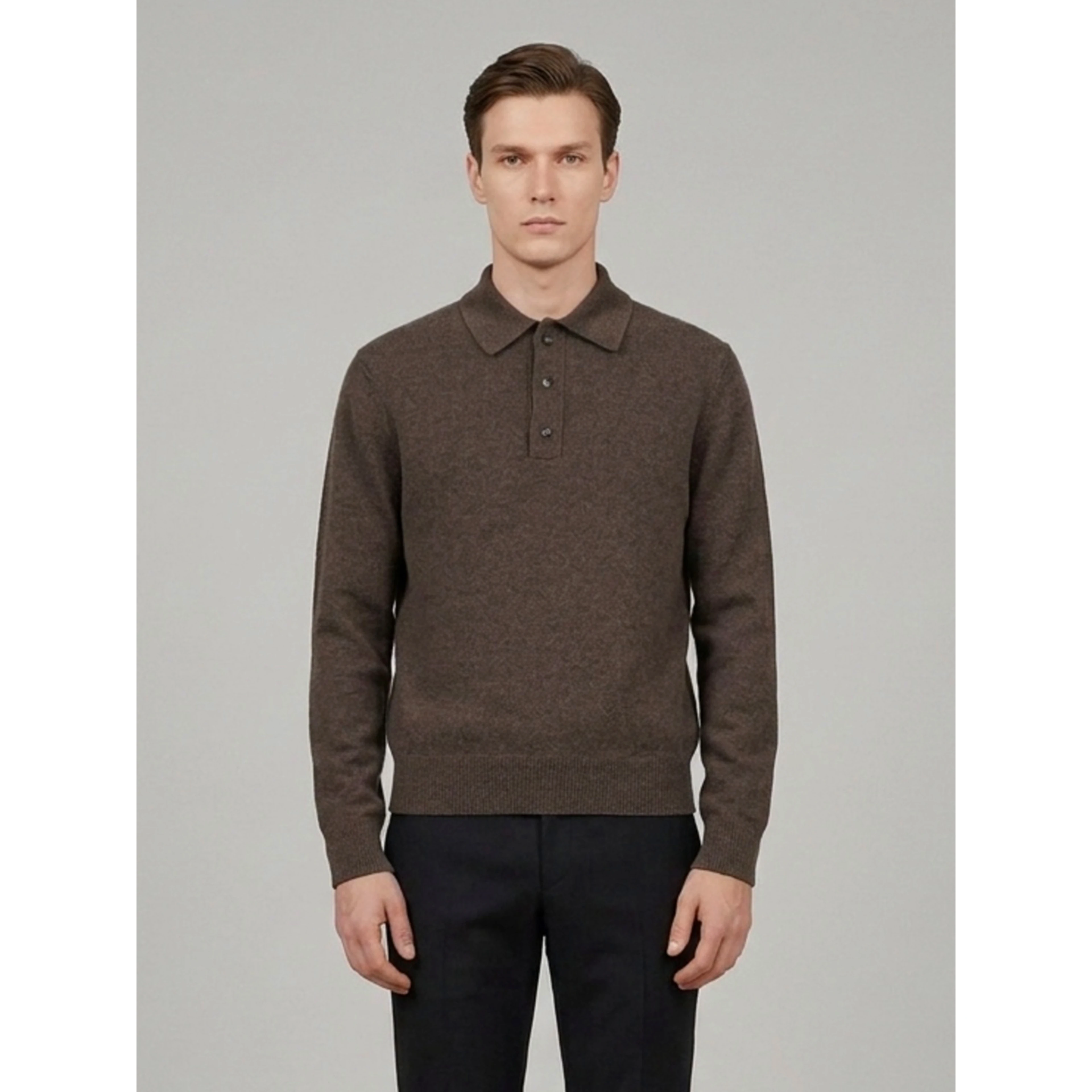Long-sleeved wool and cashmere polo shirt