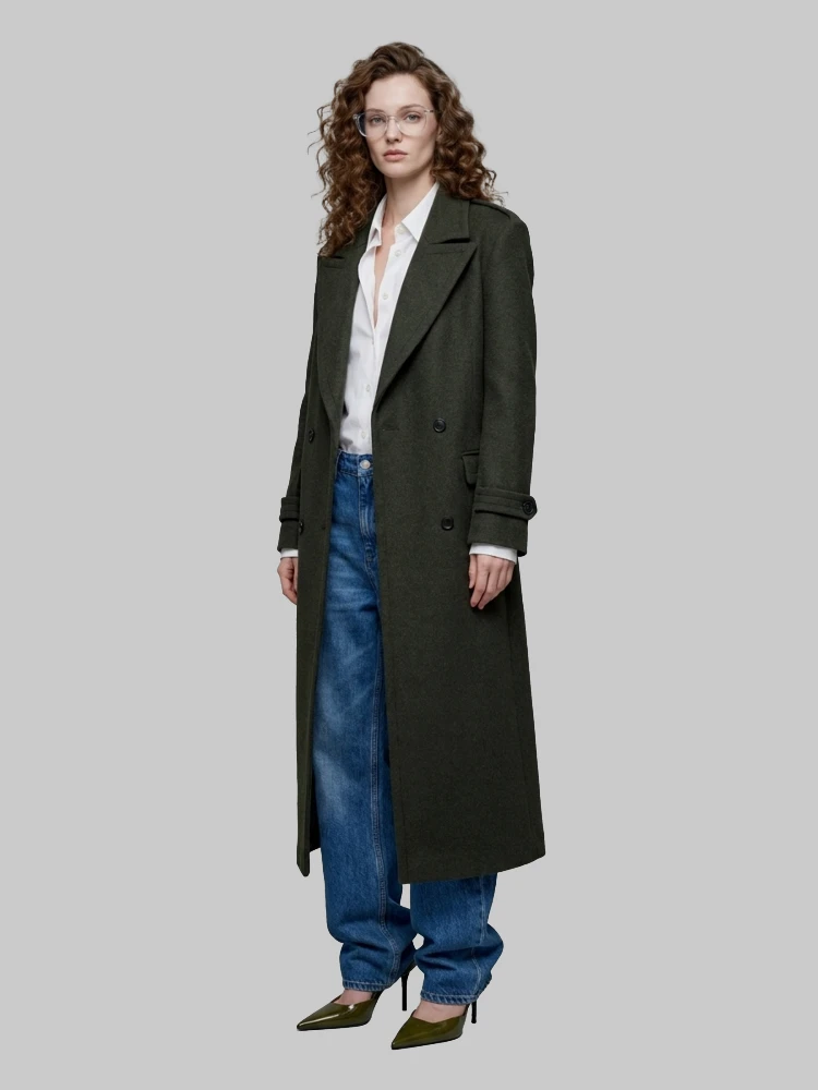 Military green double-breasted coat alternative