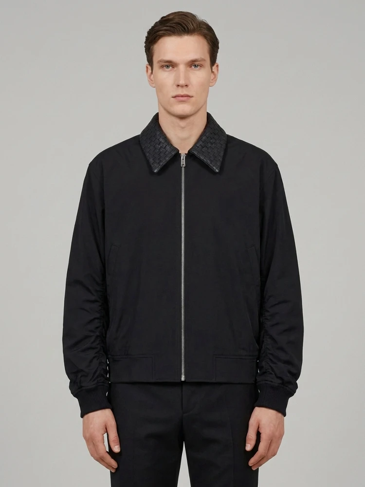 Double black nylon and cotton bomber jacket