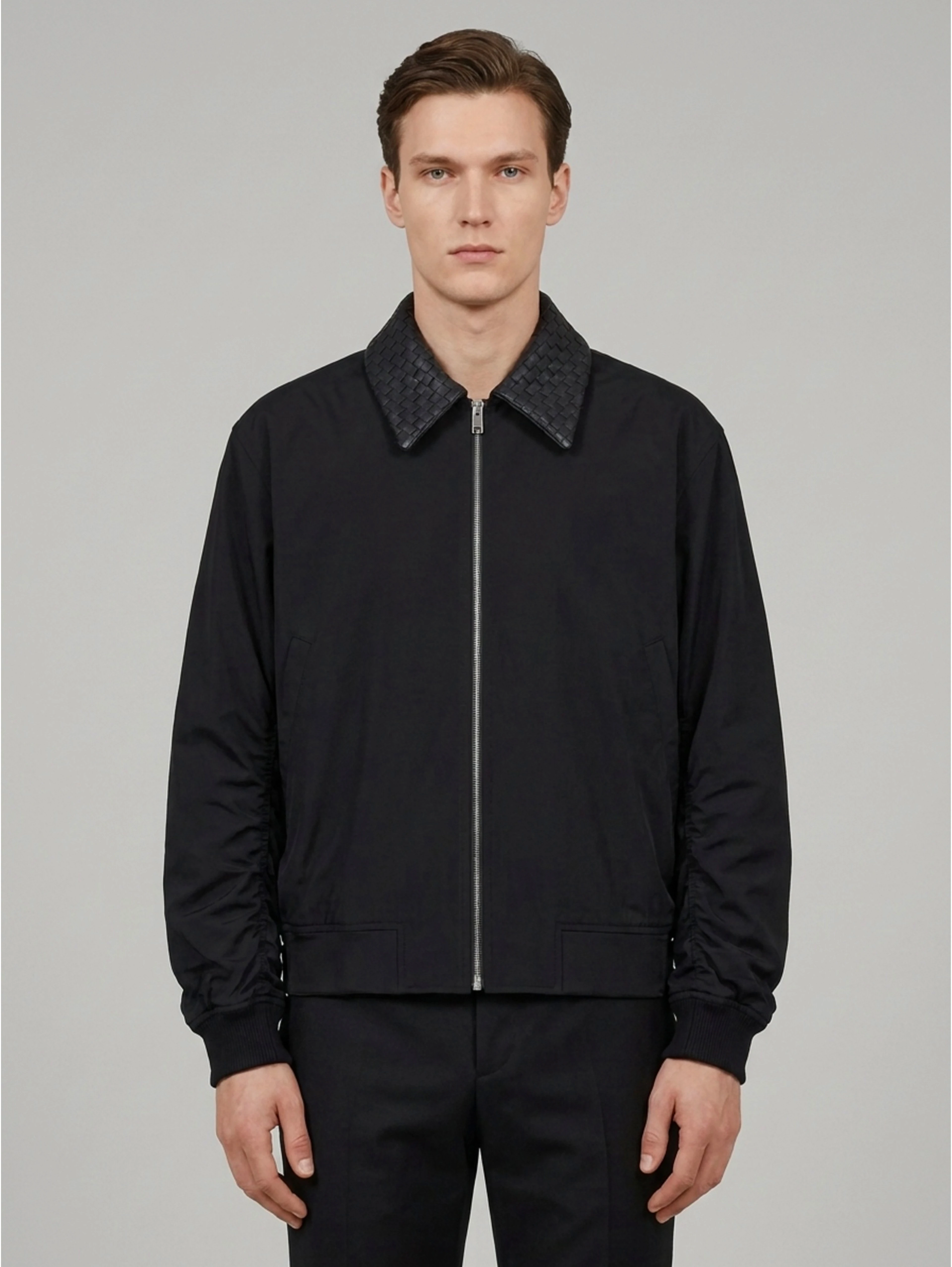 Double black nylon and cotton bomber jacket