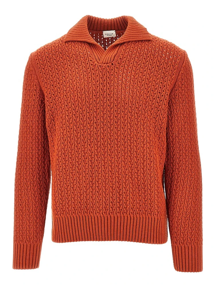 Openworked knit polo sweater