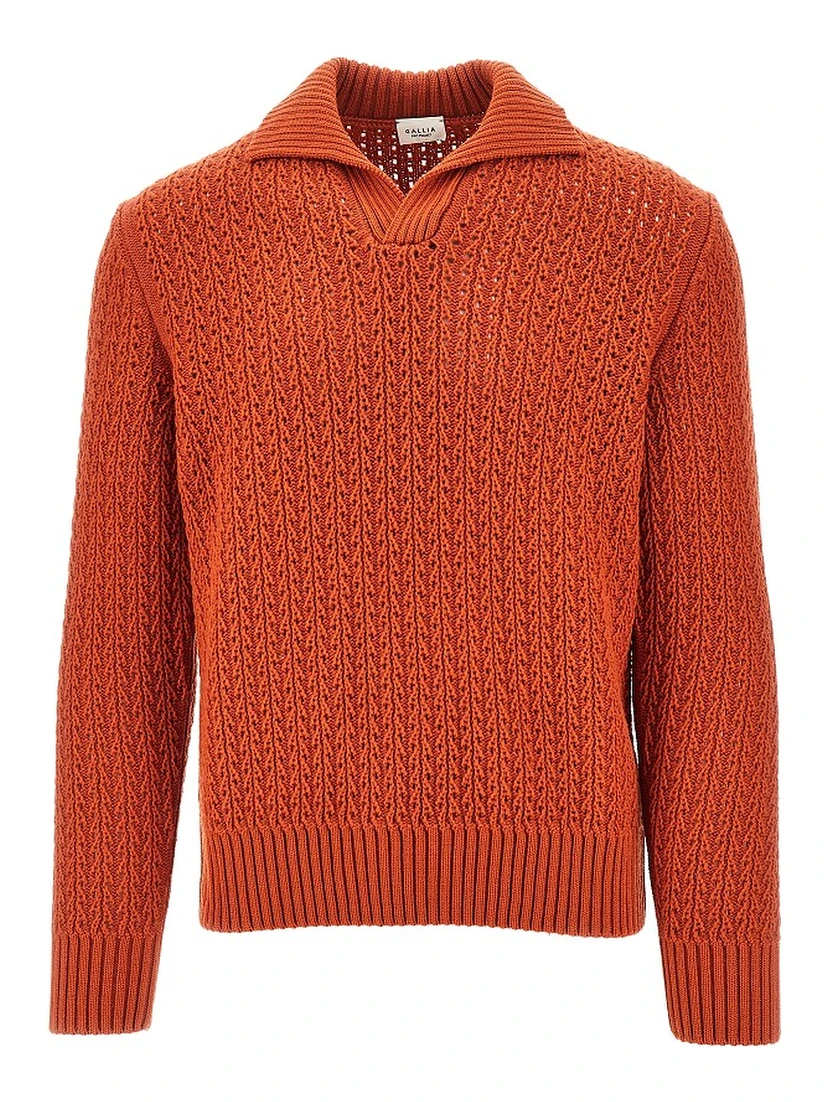 Openworked knit polo sweater