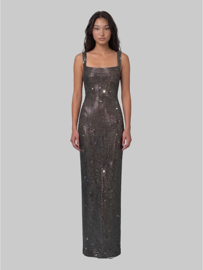 Gunmetal Square maxi dress with rhinestones