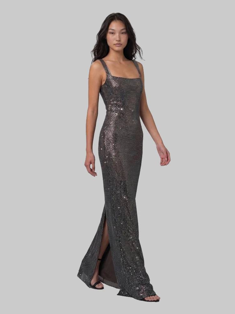 Gunmetal Square maxi dress with rhinestones alternative