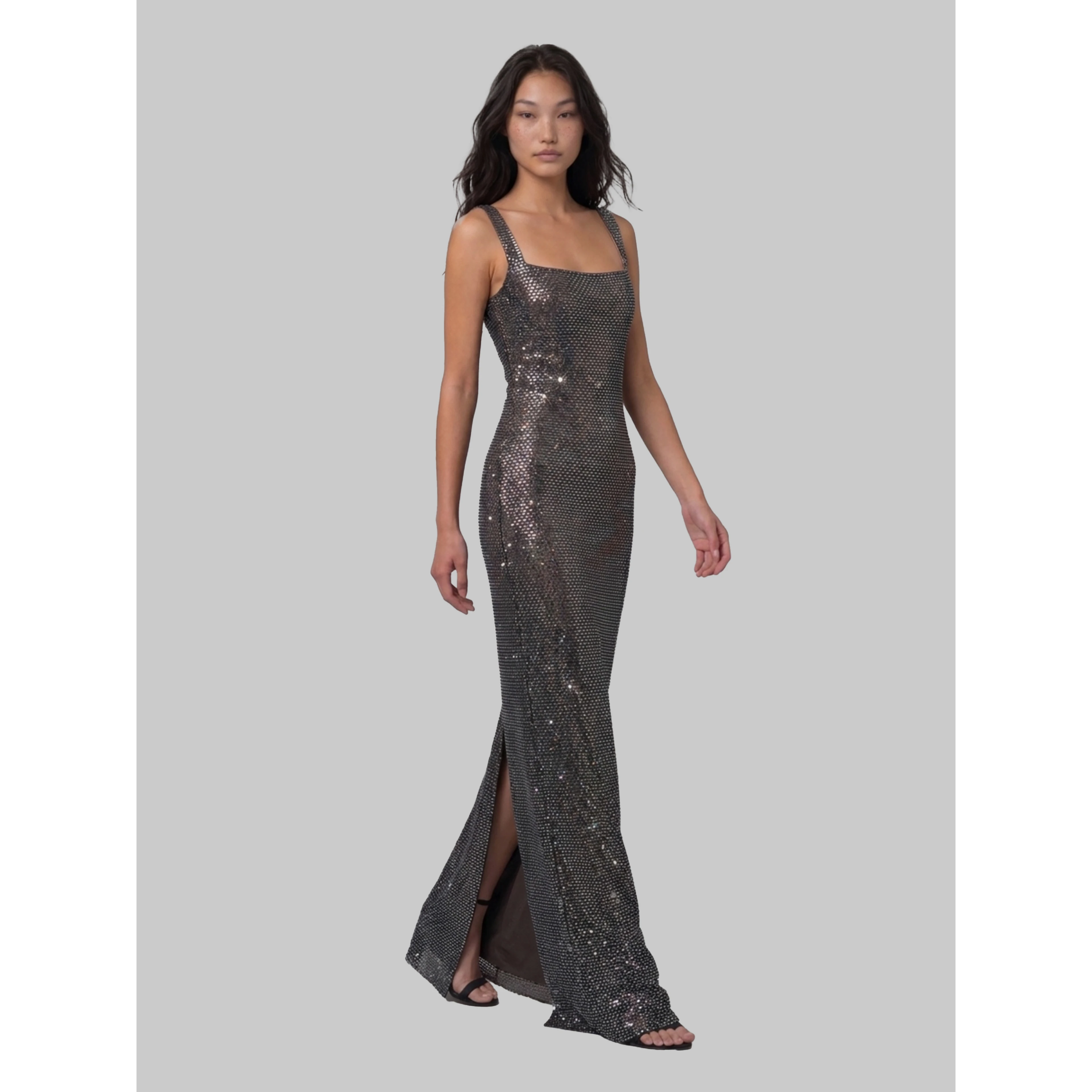 Gunmetal Square maxi dress with rhinestones