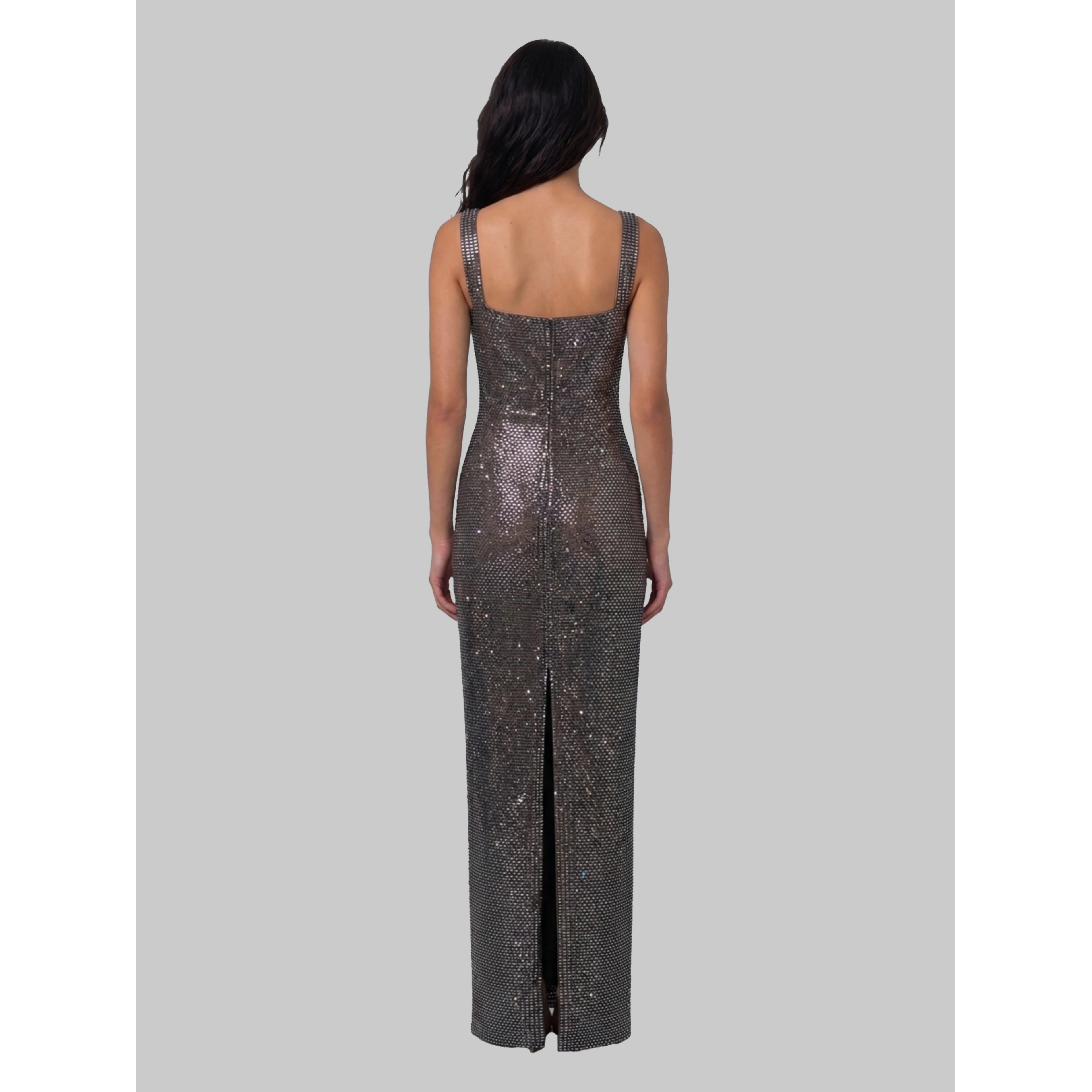 Gunmetal Square maxi dress with rhinestones