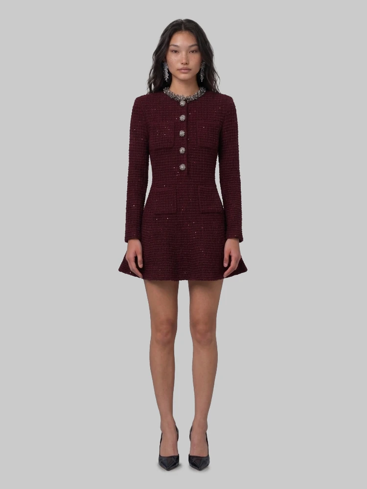 Burgundy textured knit embellished mini dress