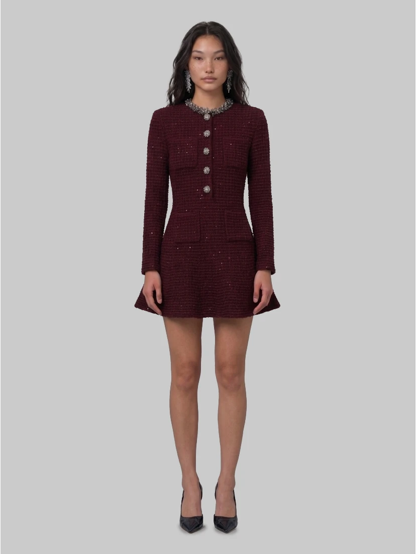 Burgundy textured knit embellished mini dress