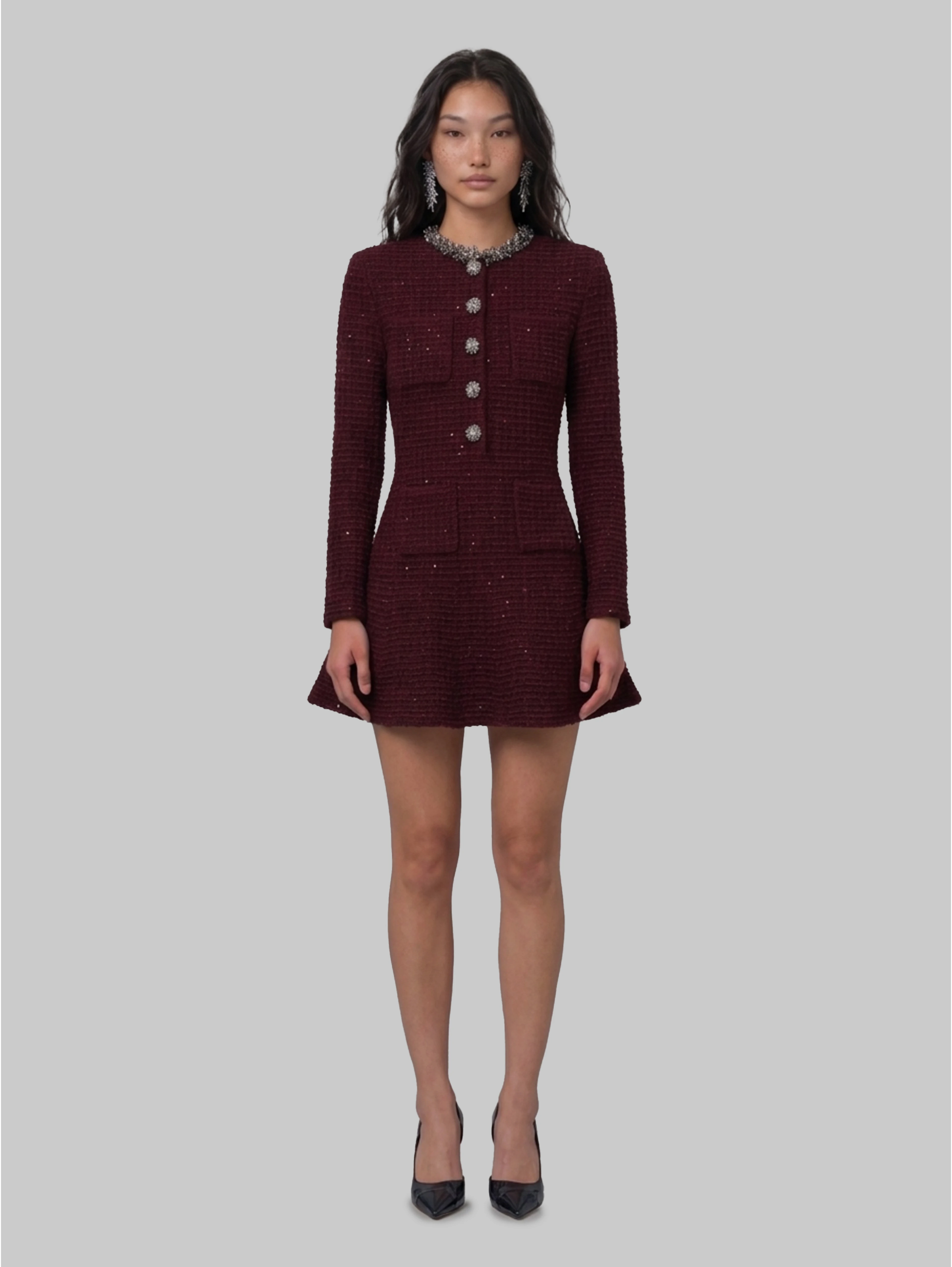Burgundy textured knit embellished mini dress