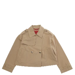Beige Cotton Blend Jacket with Pointed Collar and Logo Lettering on Cuff for Girls