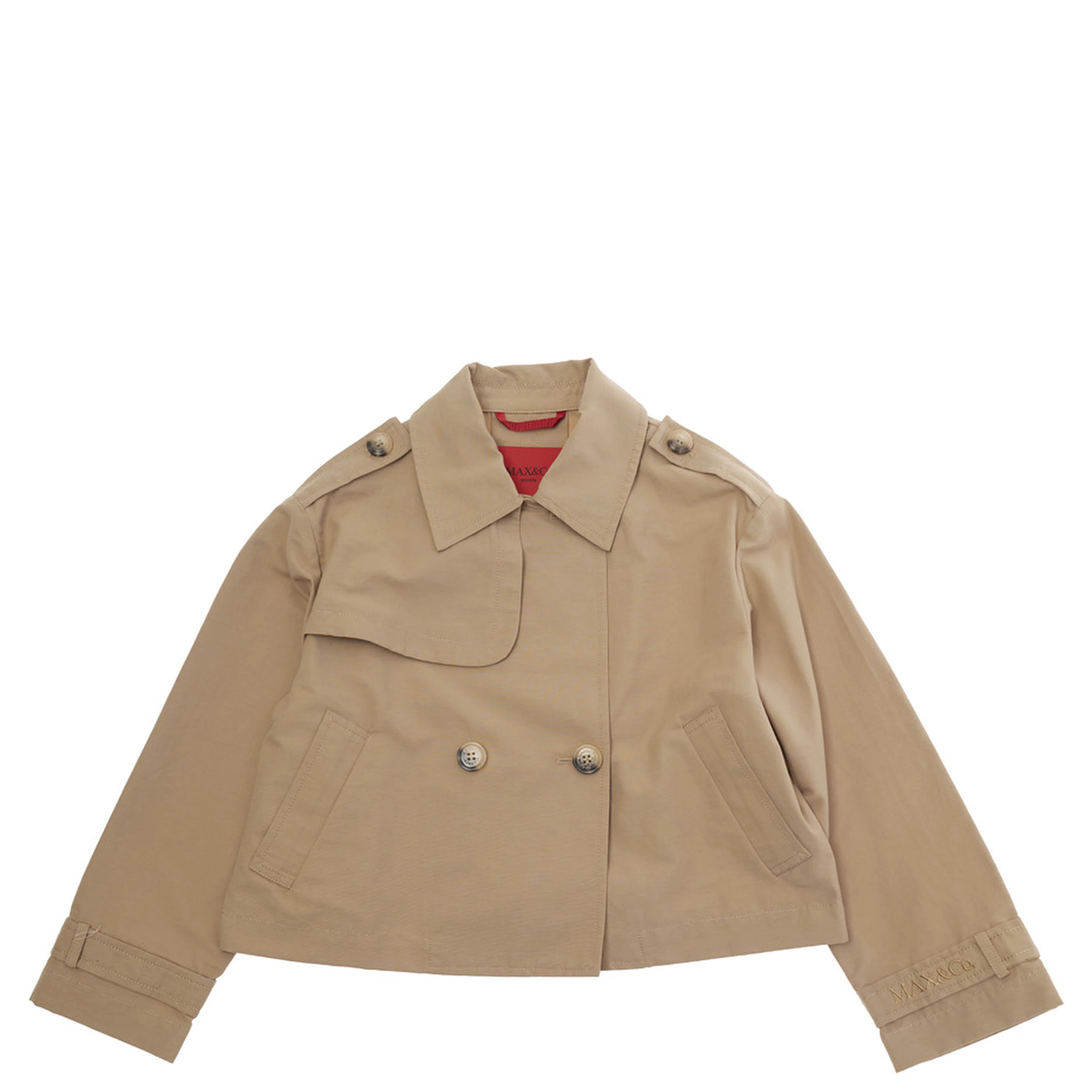 Beige Cotton Blend Jacket with Pointed Collar and Logo Lettering on Cuff for Girls