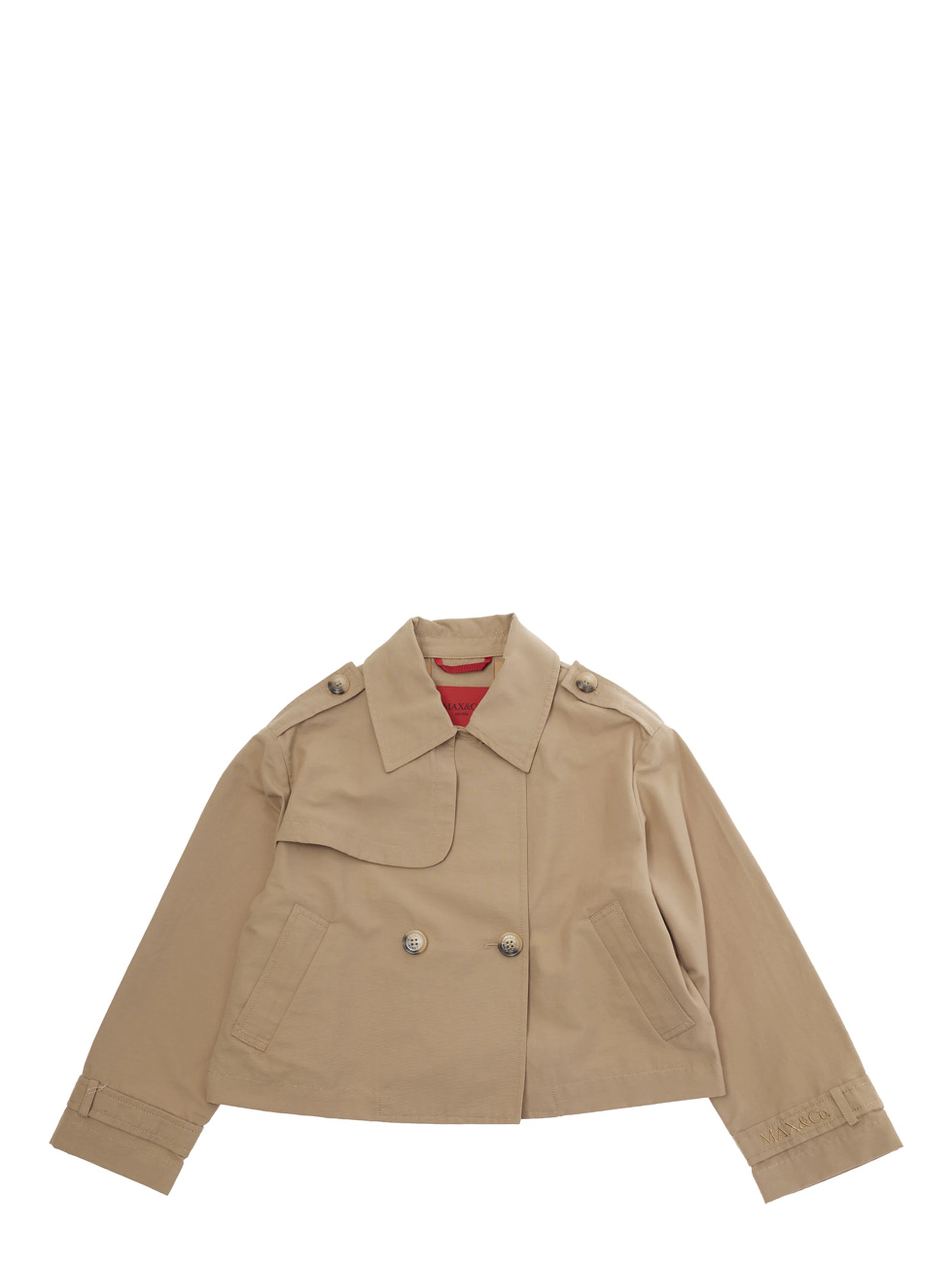 Beige Cotton Blend Jacket with Pointed Collar and Logo Lettering on Cuff for Girls
