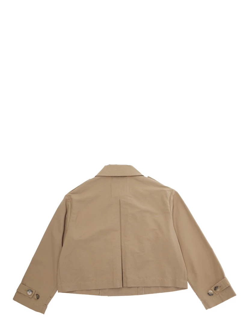 Beige Cotton Blend Jacket with Pointed Collar and Logo Lettering on Cuff for Girls