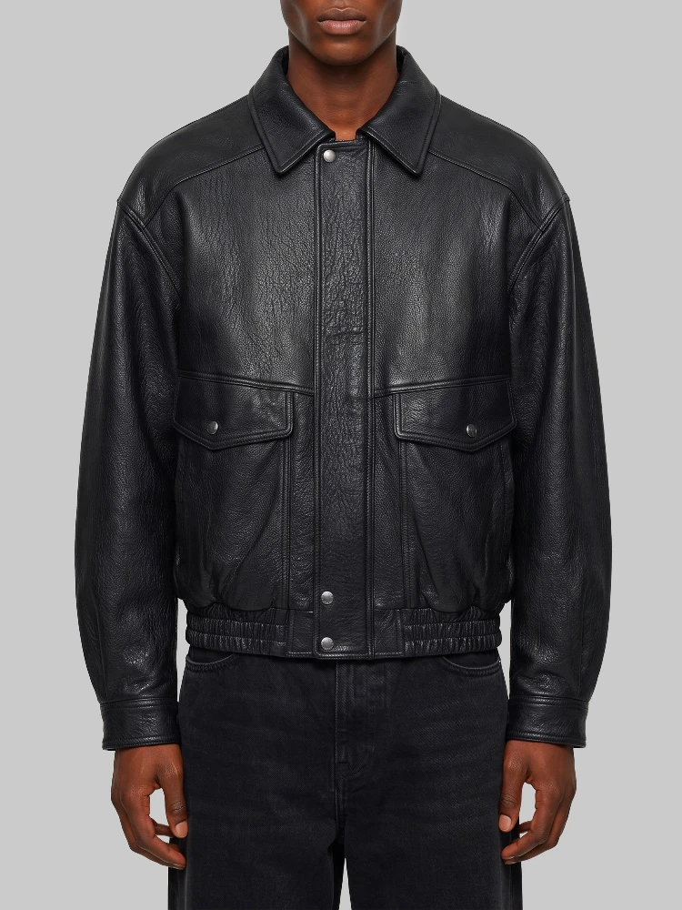 Black vintage leather oversized bomber
