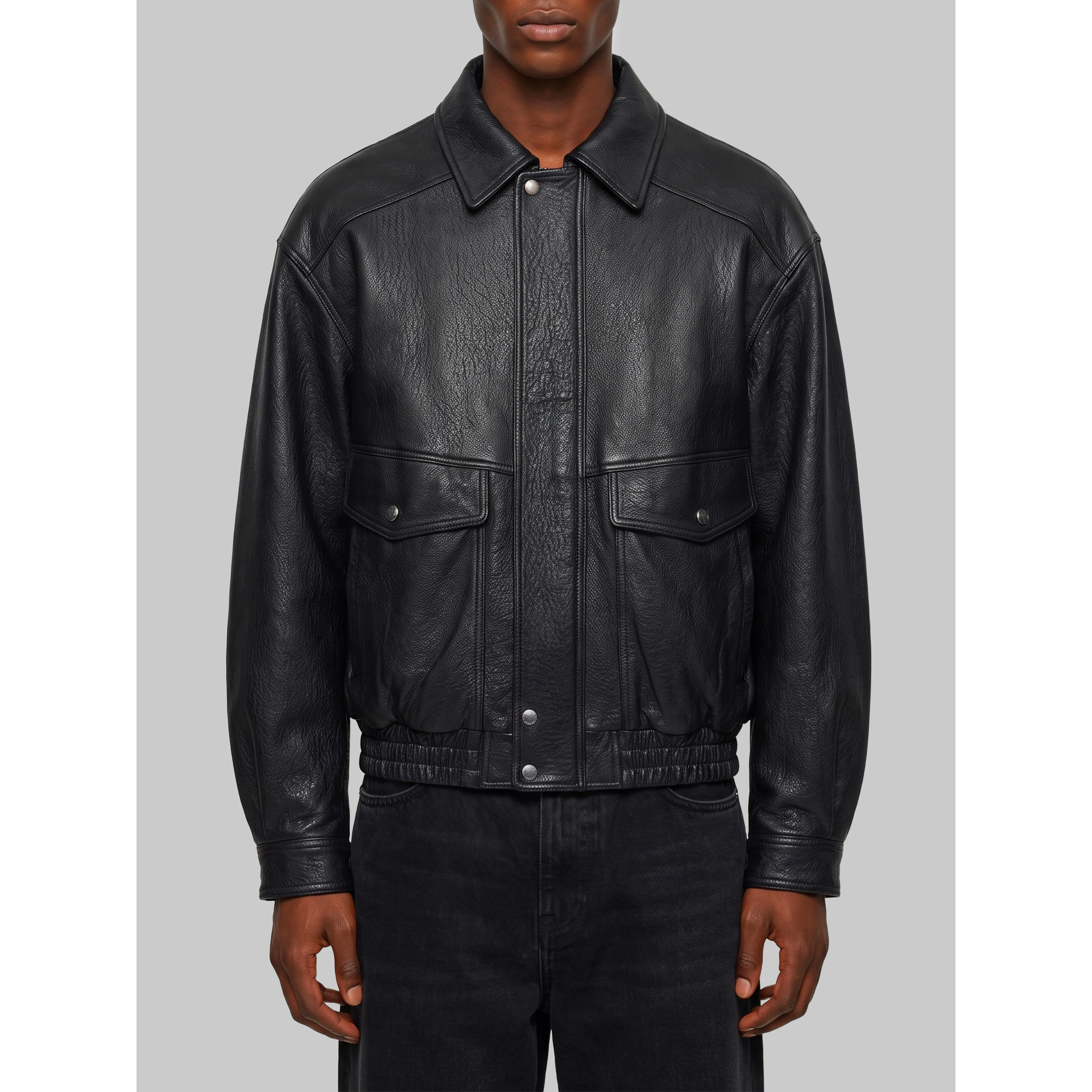 Black vintage leather oversized bomber