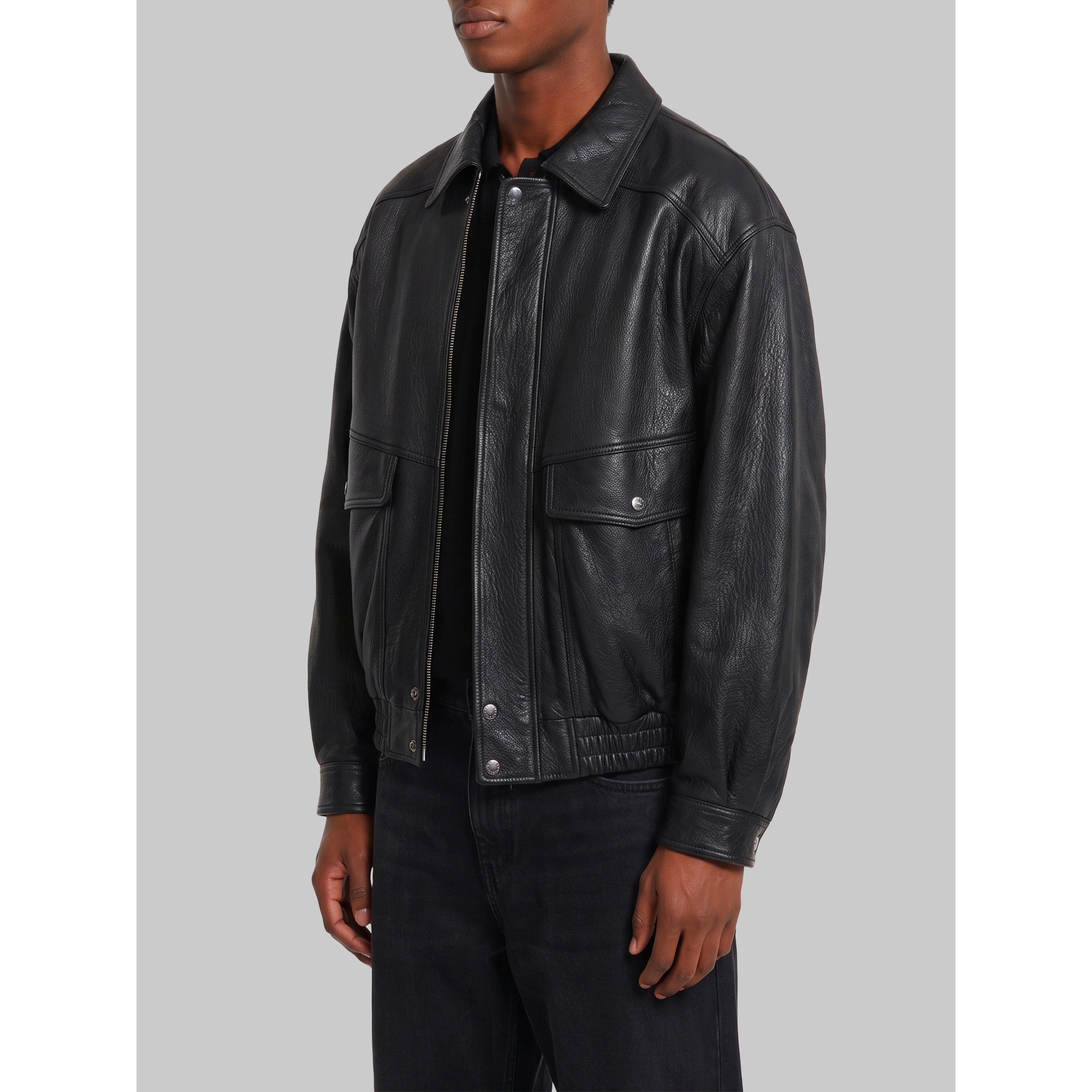 Black vintage leather oversized bomber