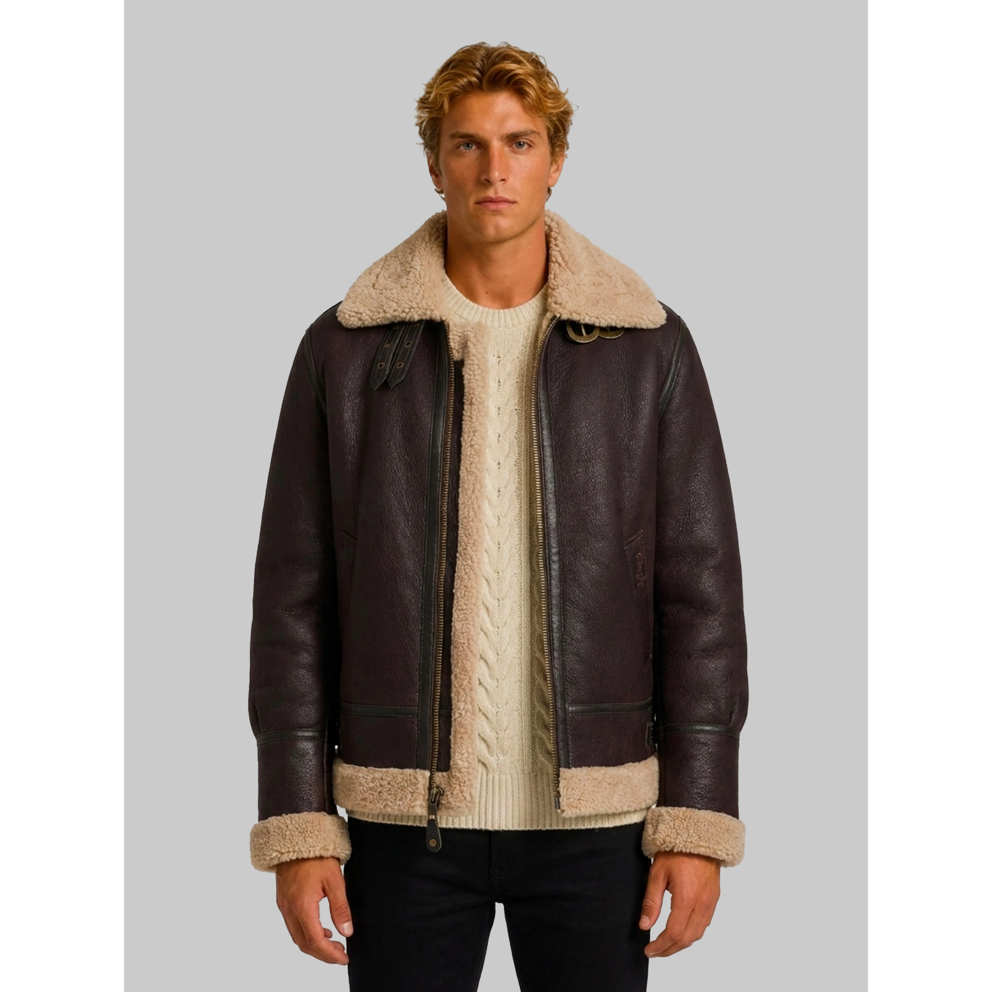 Cordovan shearling aviator bomber