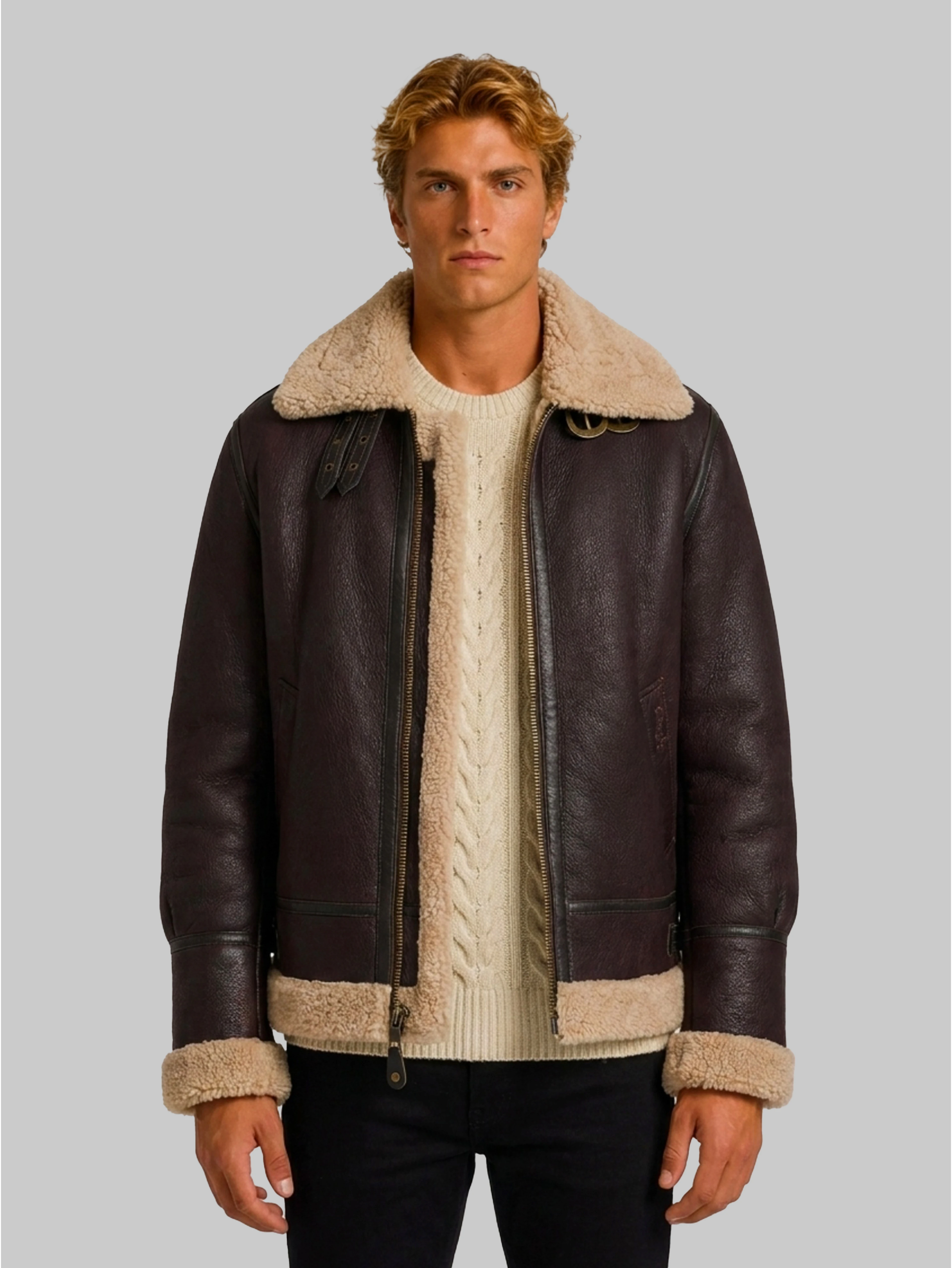 Cordovan shearling aviator bomber