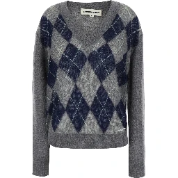 Grey Sweater with all-over diamond motif and V-neck in Mohair and Wool women