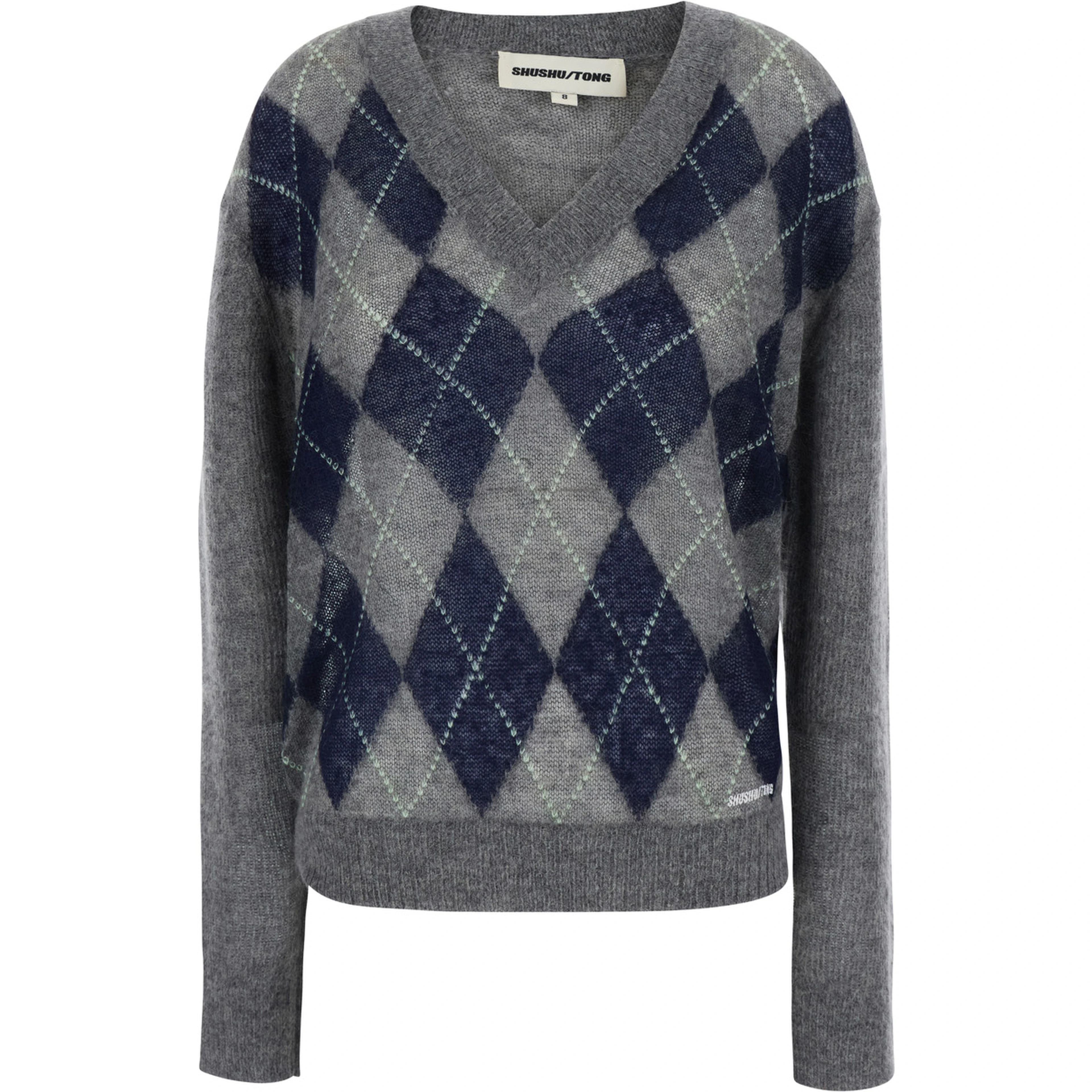 Grey Sweater with all-over diamond motif and V-neck in Mohair and Wool women