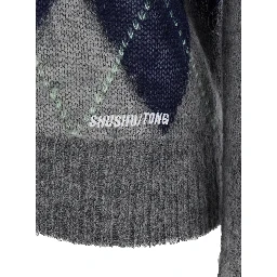 Grey Sweater with all-over diamond motif and V-neck in Mohair and Wool women
