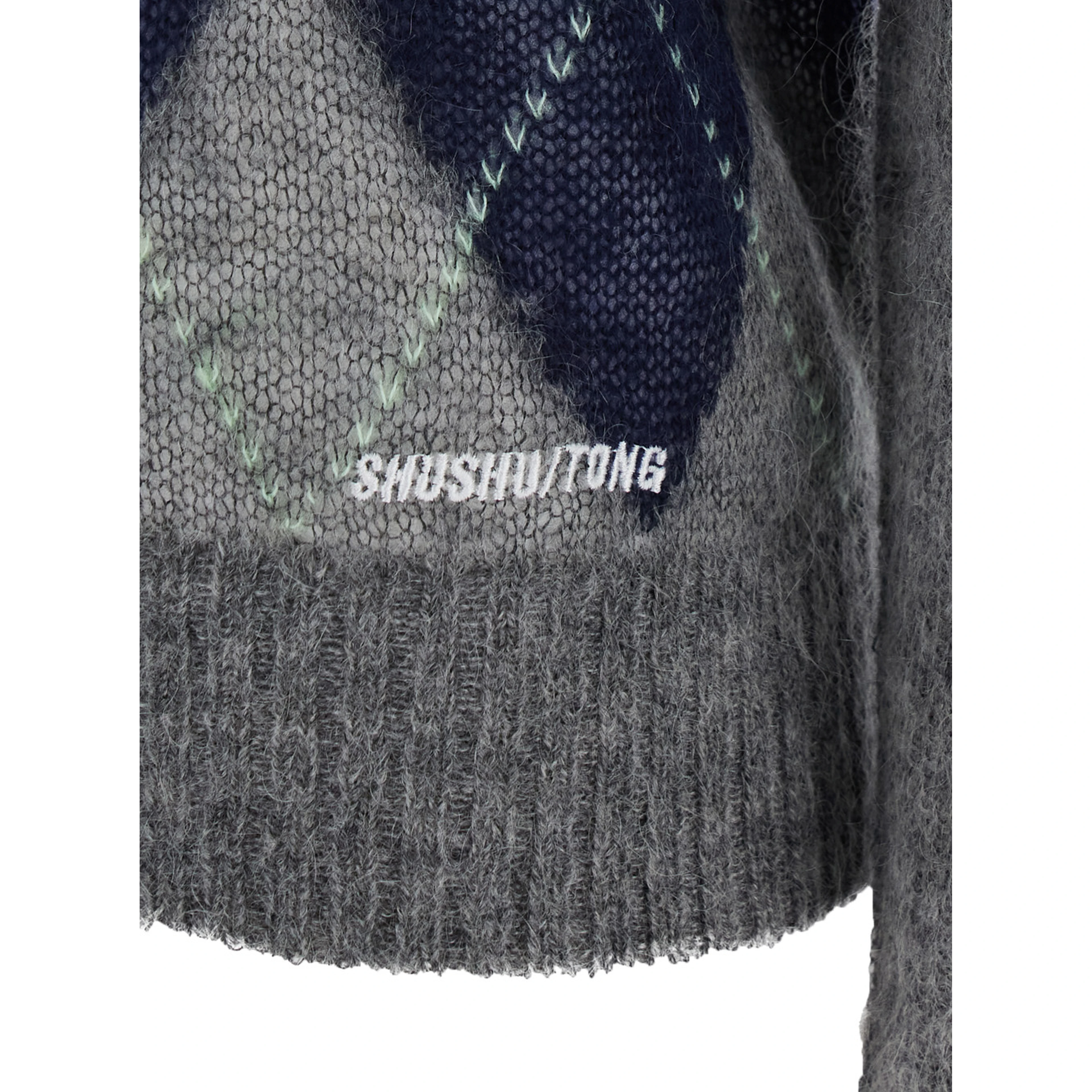 Grey Sweater with all-over diamond motif and V-neck in Mohair and Wool women