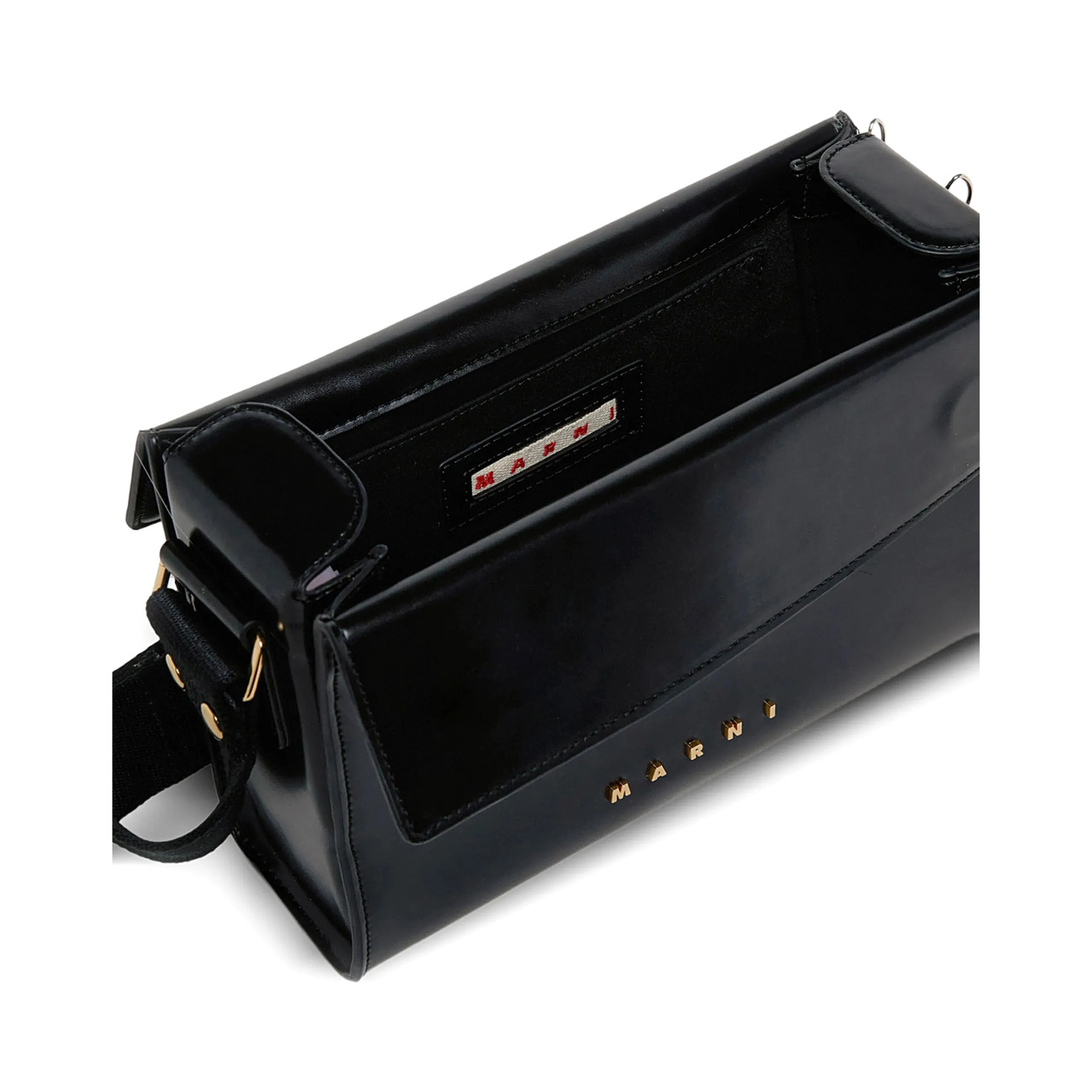 Vivian Black Shoulder bag with Adjustable Strap and Logo Lettering on the Front in Black Patent Leather Girl