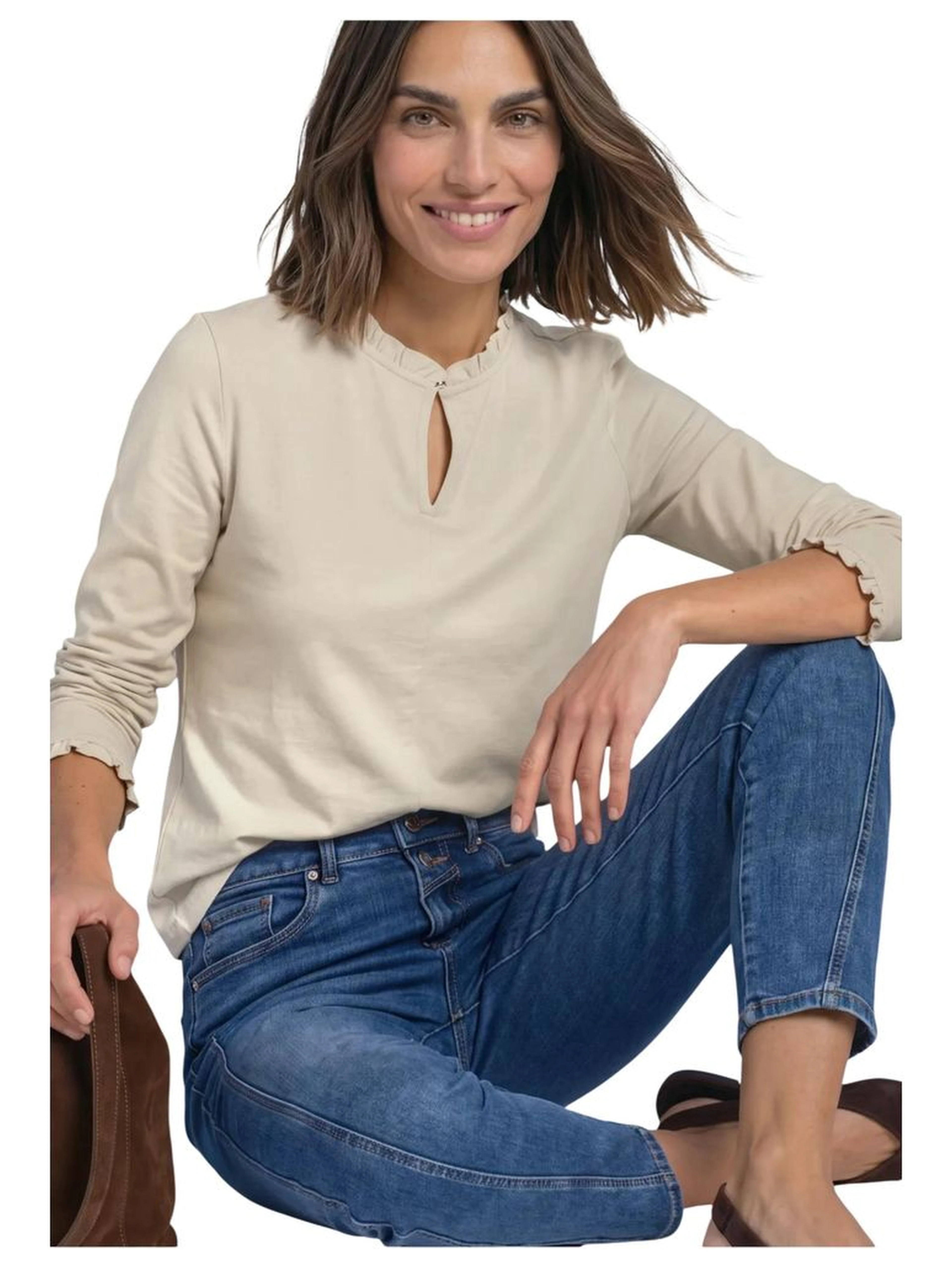 Beige Cotton Long Sleeve T-Shirt