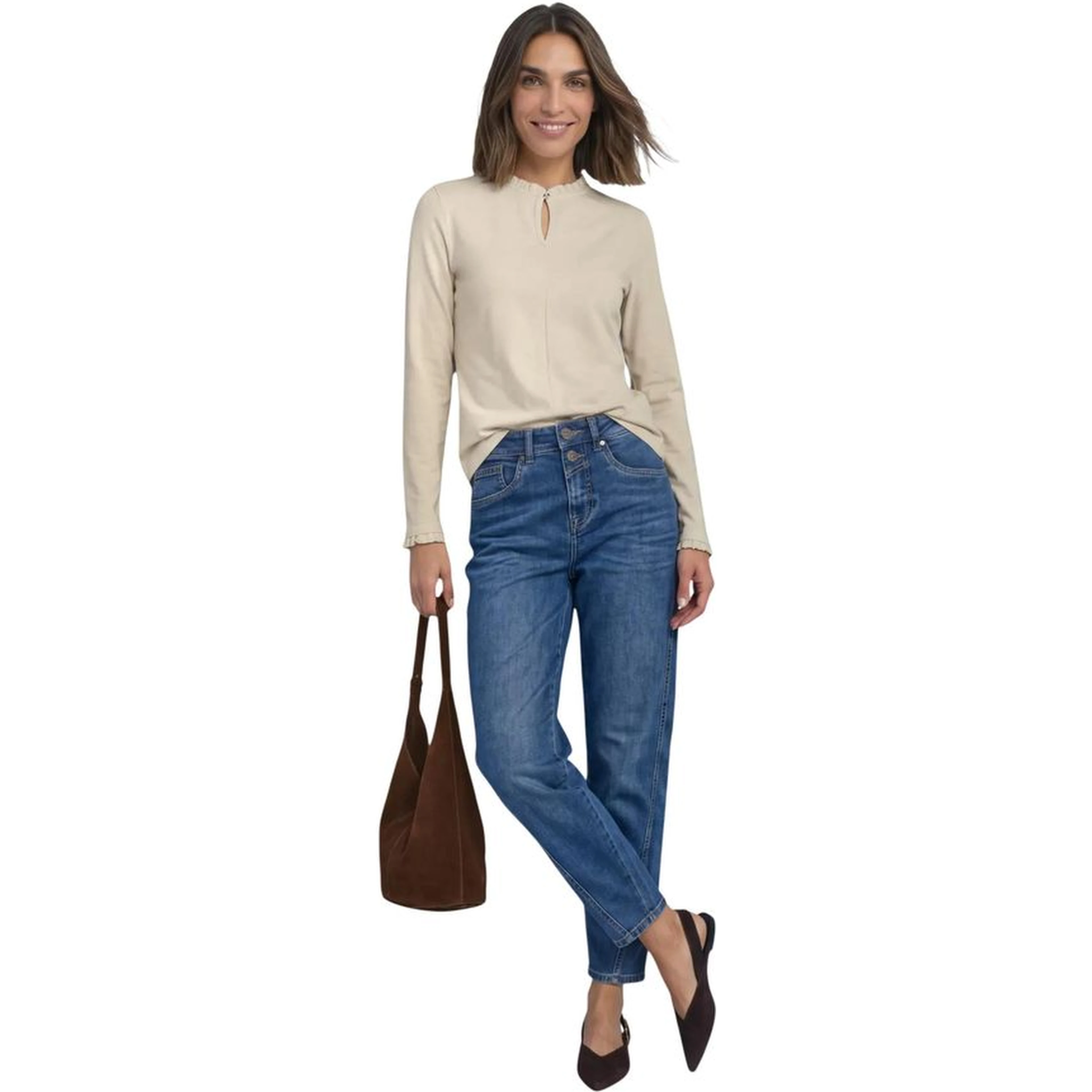 Beige Cotton Long Sleeve T-Shirt