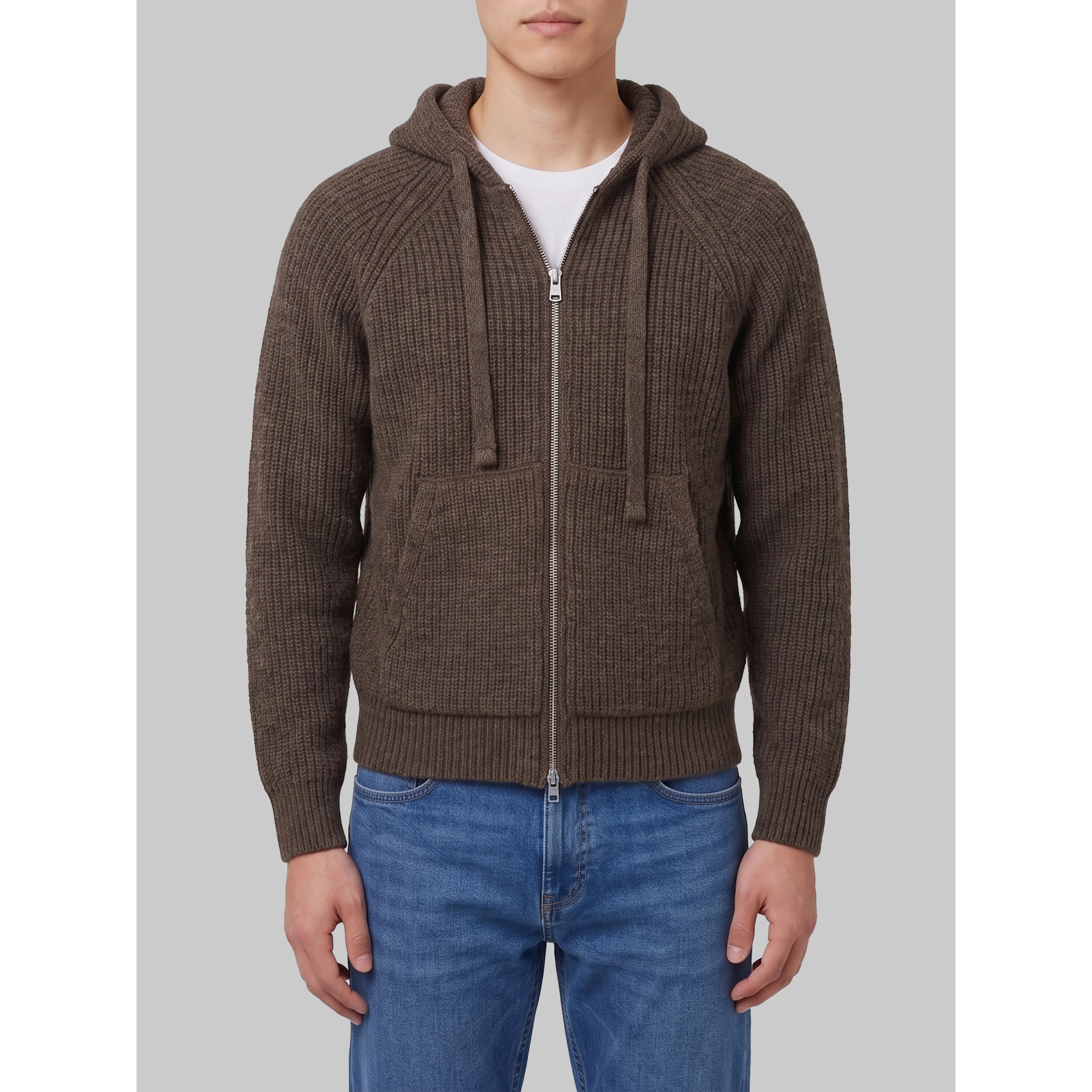 Brown hooded knit cardigan