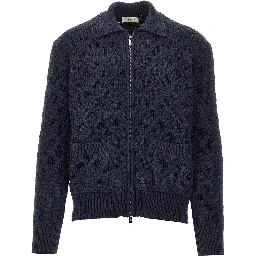 Diamond-motif wool full-zip cardigan