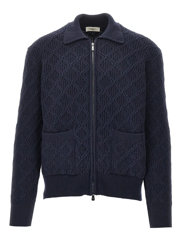 Diamond-motif wool full-zip cardigan