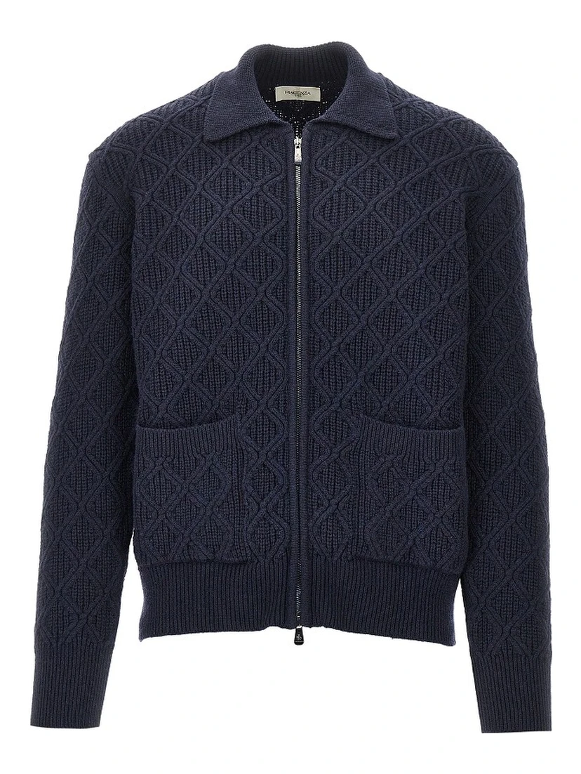 Diamond-motif wool full-zip cardigan